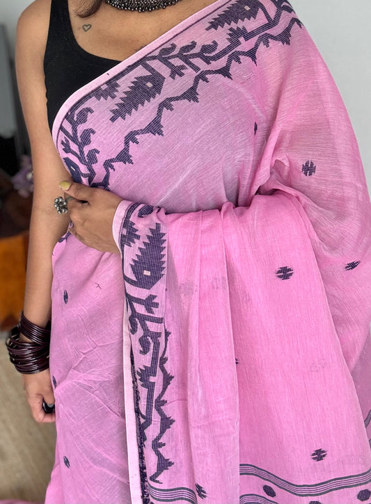 Pink with dark blue contrast jamdani saree in soft handloom cotton - YCBCJDFE379