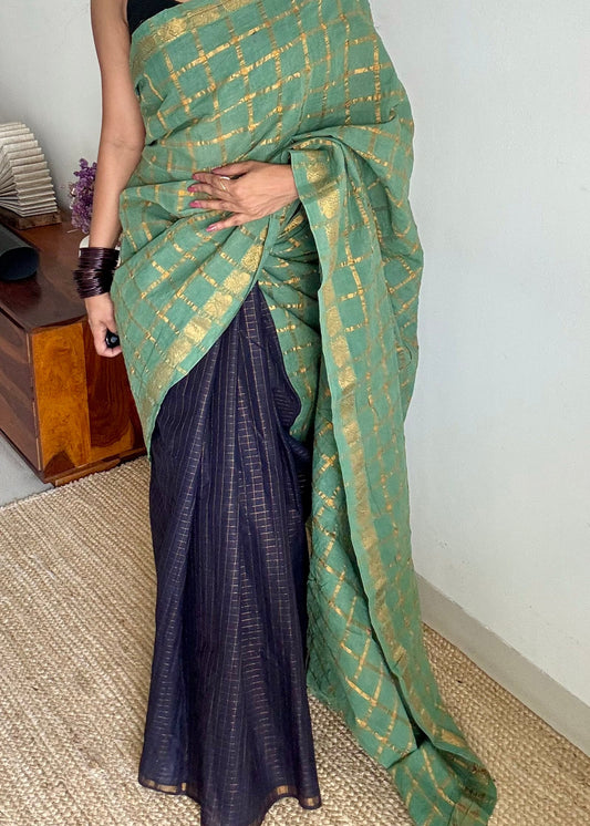 Mint green with black, sungudi cotton half-half saree - YCCOTNIDMA293