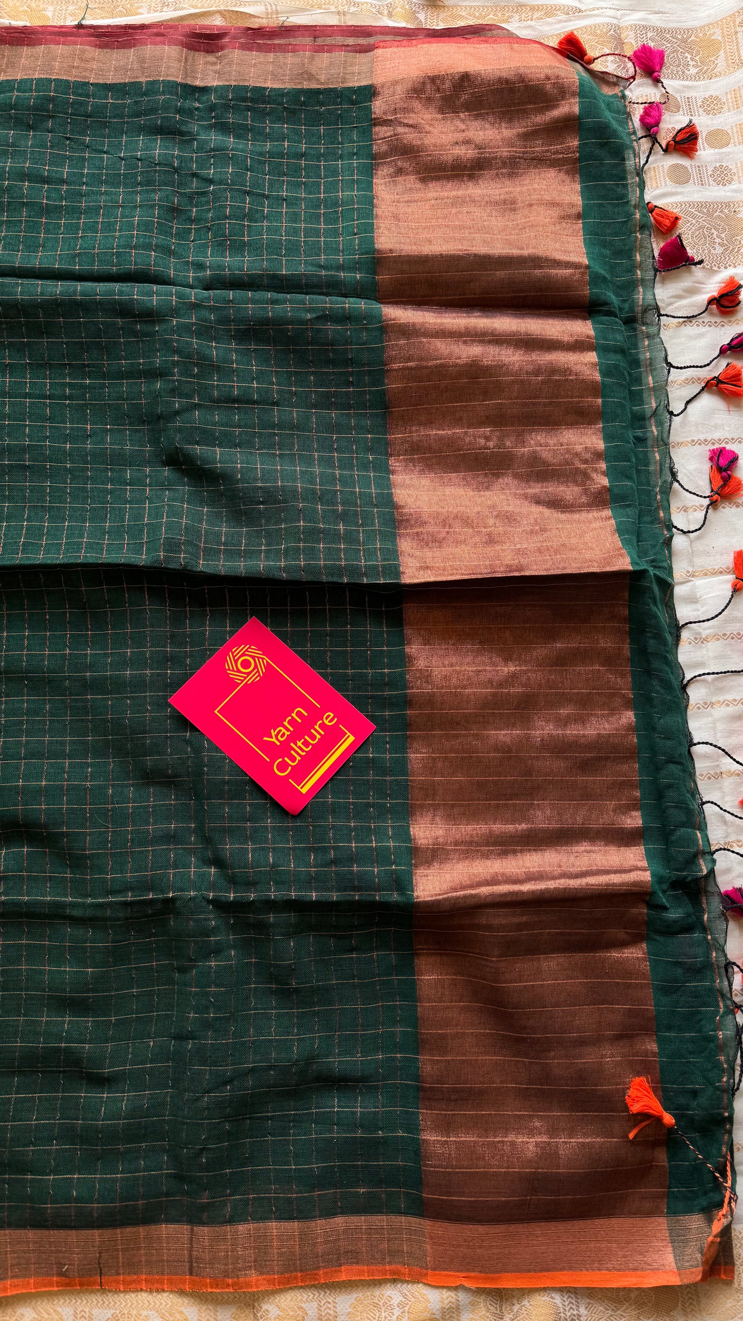 Green linen by cotton saree, gold checks & copper zari pallu - YCBCLCAP56b