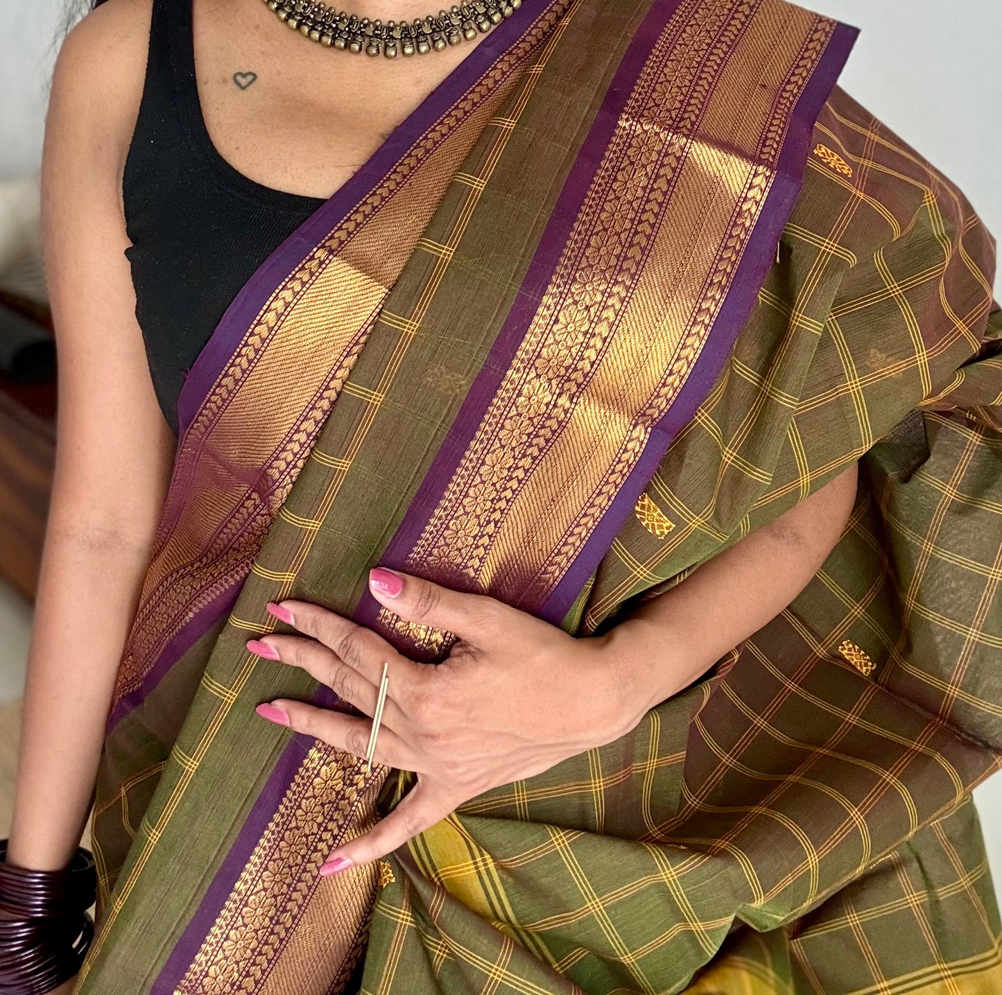 Dark green and purple contrast, checkered Chettinad cotton saree - YCCOTNMA265