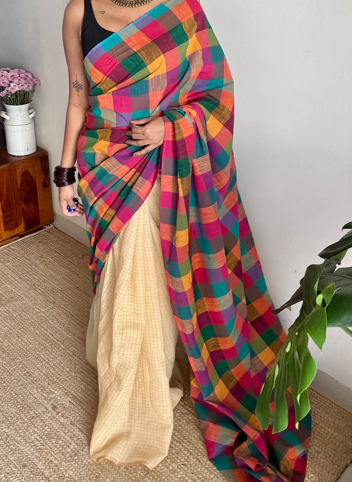 Ivory with multicoloured madras checks, cotton half and half saree - YCCOTNIDOC162