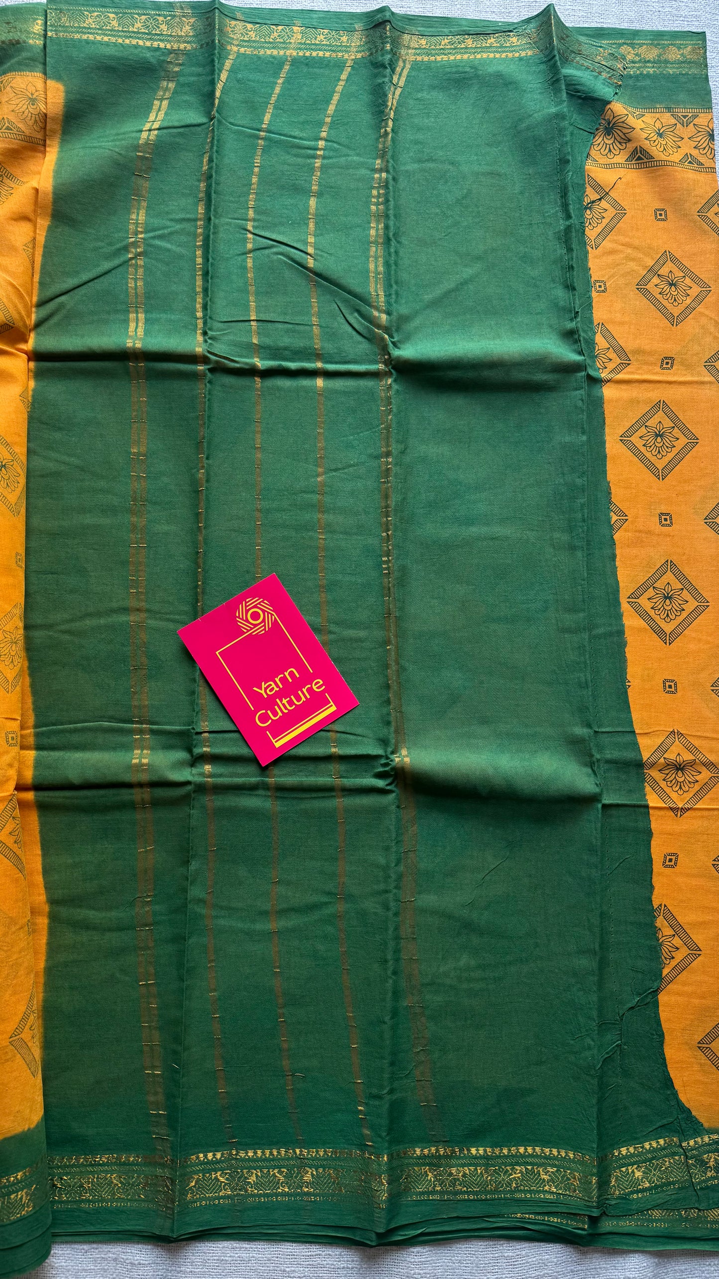 Yellow with green, motif printed, kattuchayam dyed madurai sungudi cotton saree - YCCOTNMSFE72