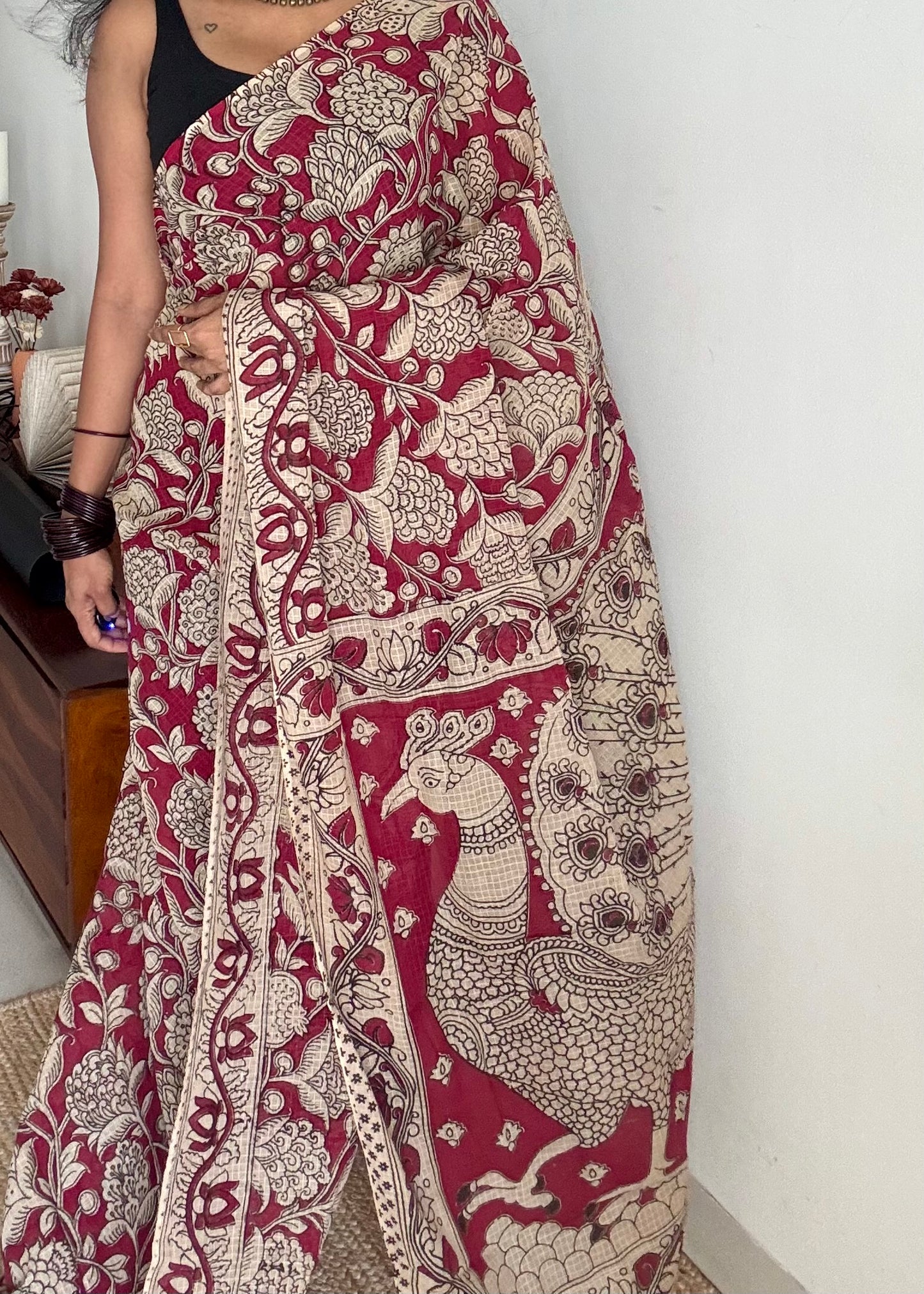 Crimson floral kalamkari saree in kota - YCWOTDMA354