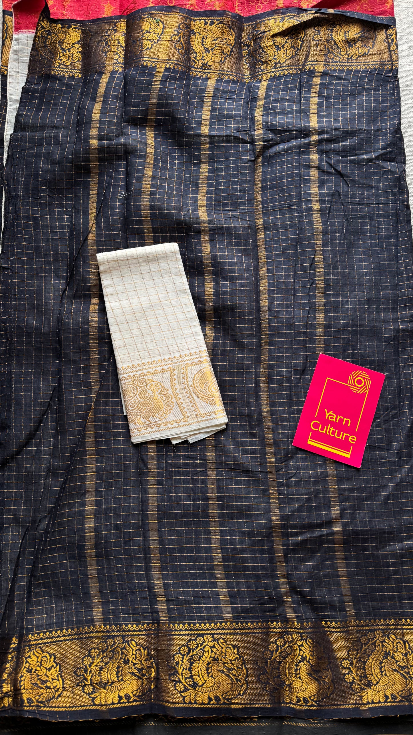 Black with ivory and red, sungudi cotton half-half saree - YCCOTNMSFE374