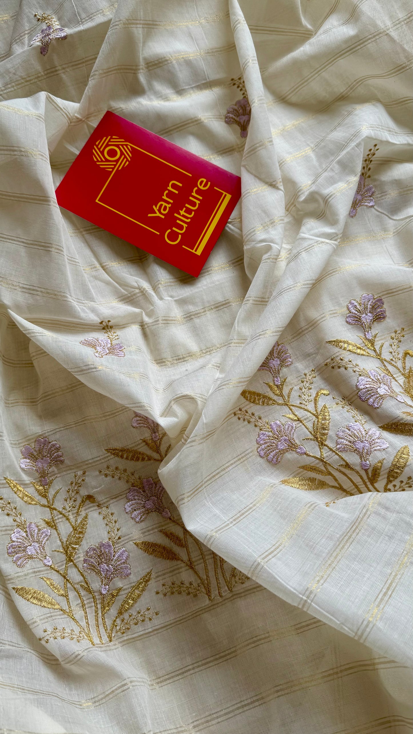 Ivory and gold soft cotton saree, lavender floral embroidery  - YCIEON53