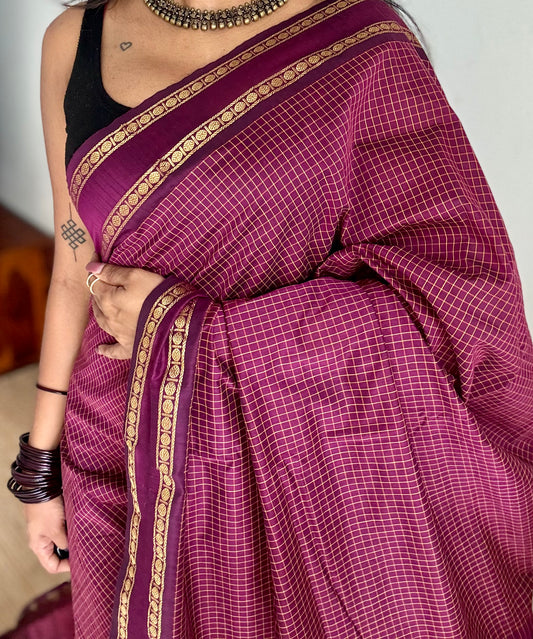 Dark berry pink (light burgundy), arani checks saree, cotton silk - YCCOTNAUG17