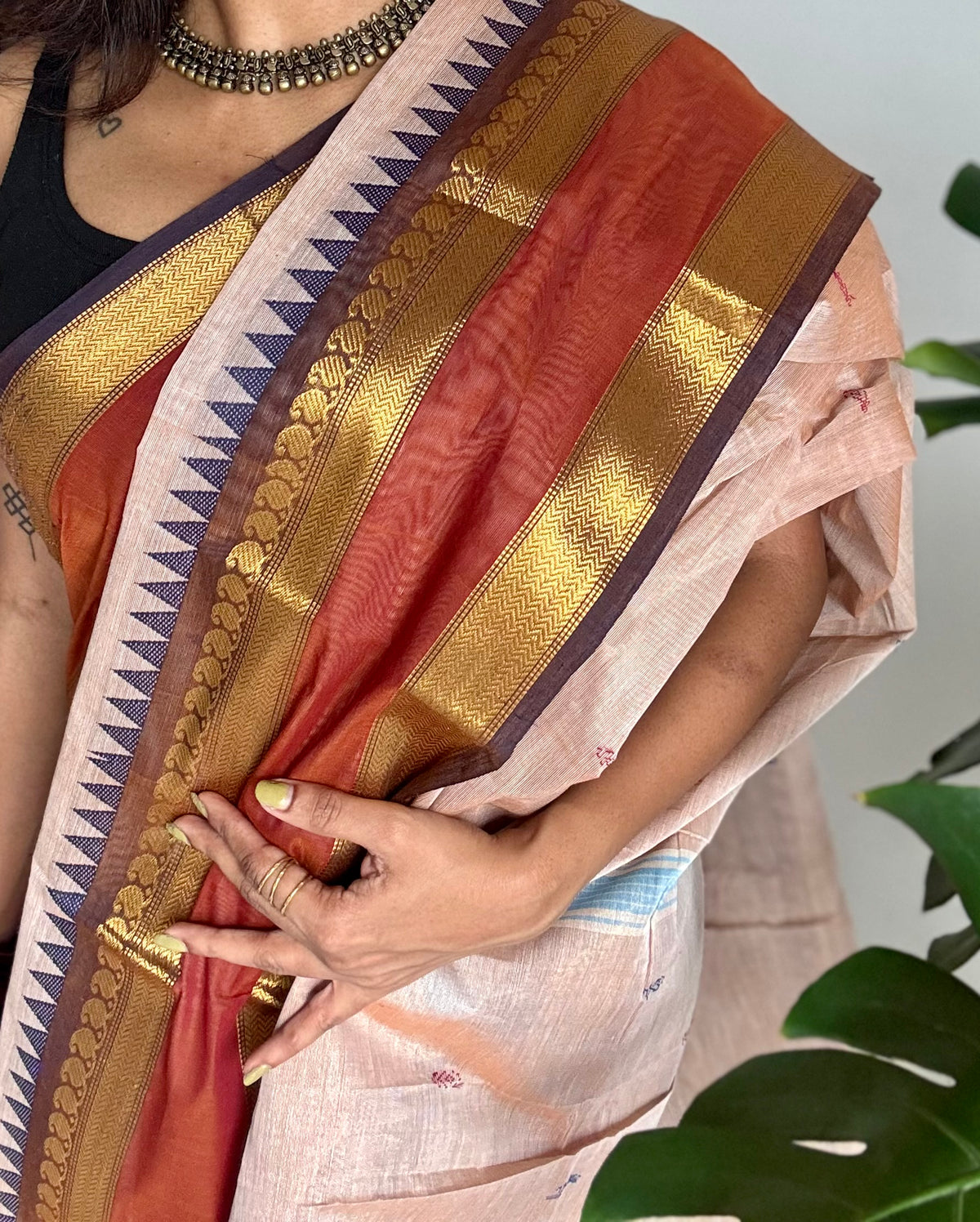 Beige with rust orange and brown zari border kanchi cotton saree - YCCOTNCKSE19