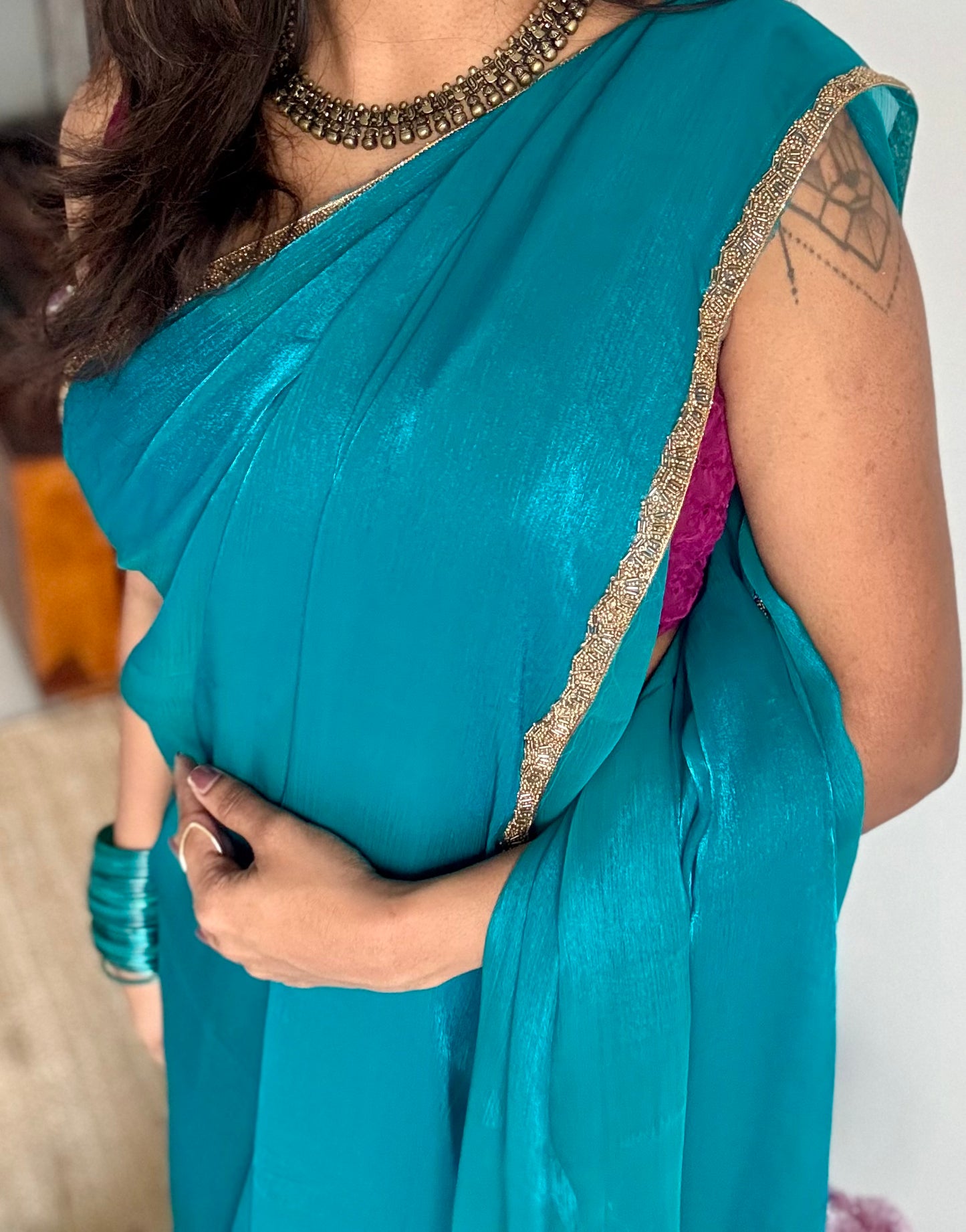 Bluetiful Chaos - bluish green, metallic dual tone space silk, embellished border - YCDOSNO44