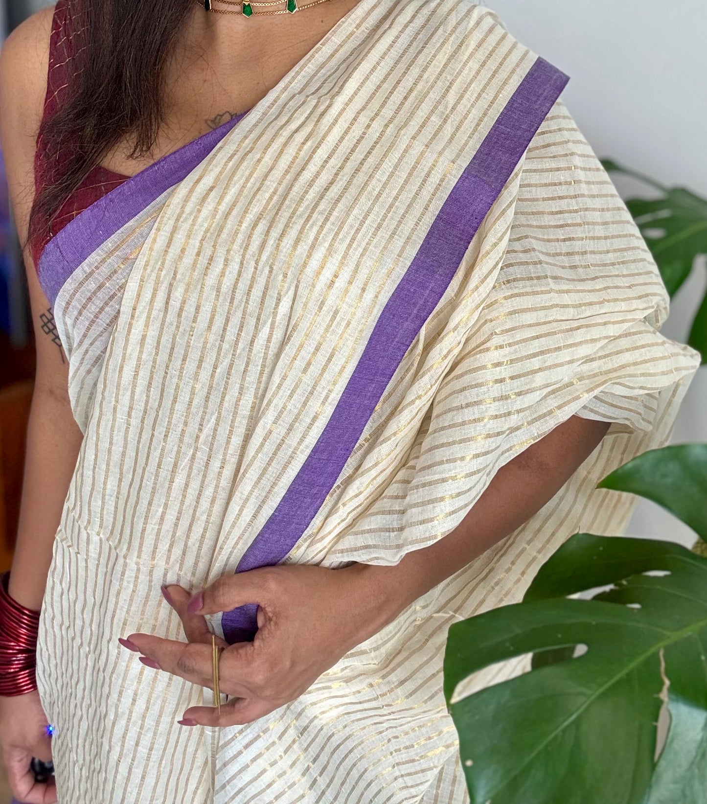 Ivory mul saree, gold stripes, purple border - YCIEON21