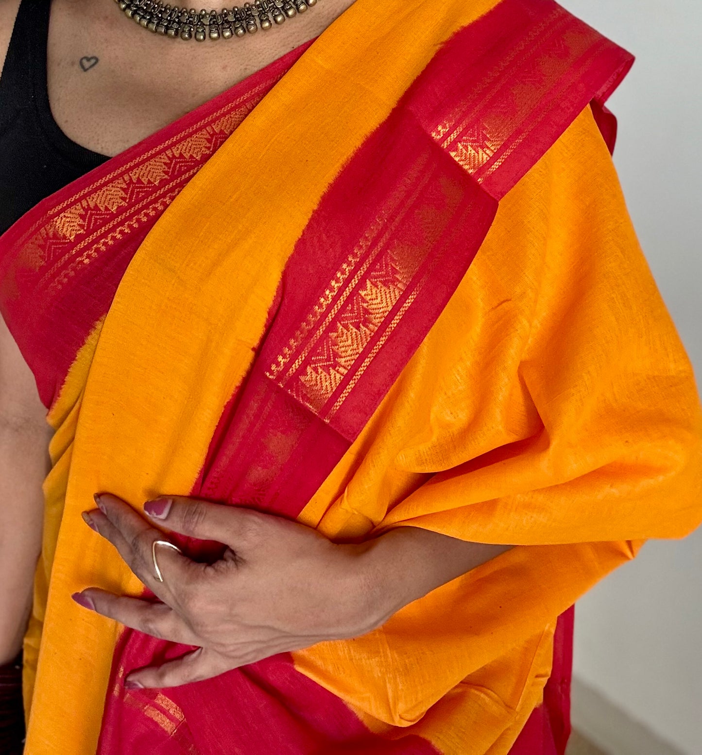 Yellow with red contrast, kattuchayam dyed madurai cotton saree - YCCOTNMA241
