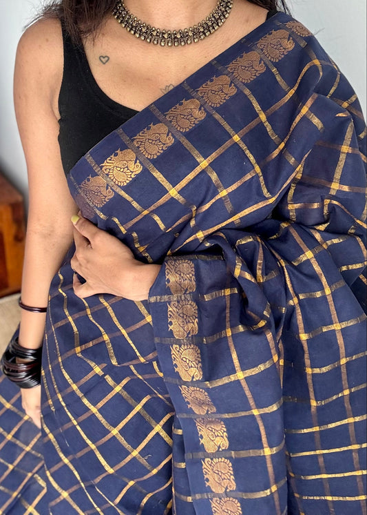 Navy blue pavithra kattam sungudi, madurai cotton - YCCOTNSEMS05