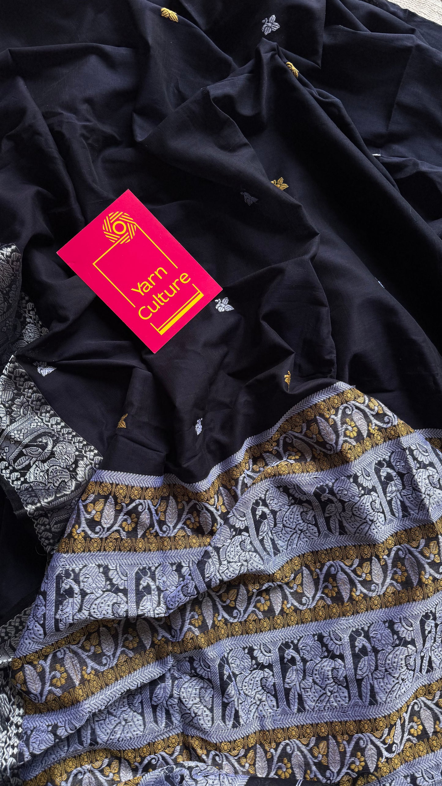 Black with white, Baluchari-inspired soft cotton handwoven saree - YCHOTEBCJA227