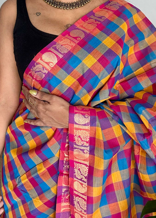 Multicolour Chettinad cotton saree with Paalum Pazhamum checks (pink, blue, orange, yellow)- YCCOTNJUCC01