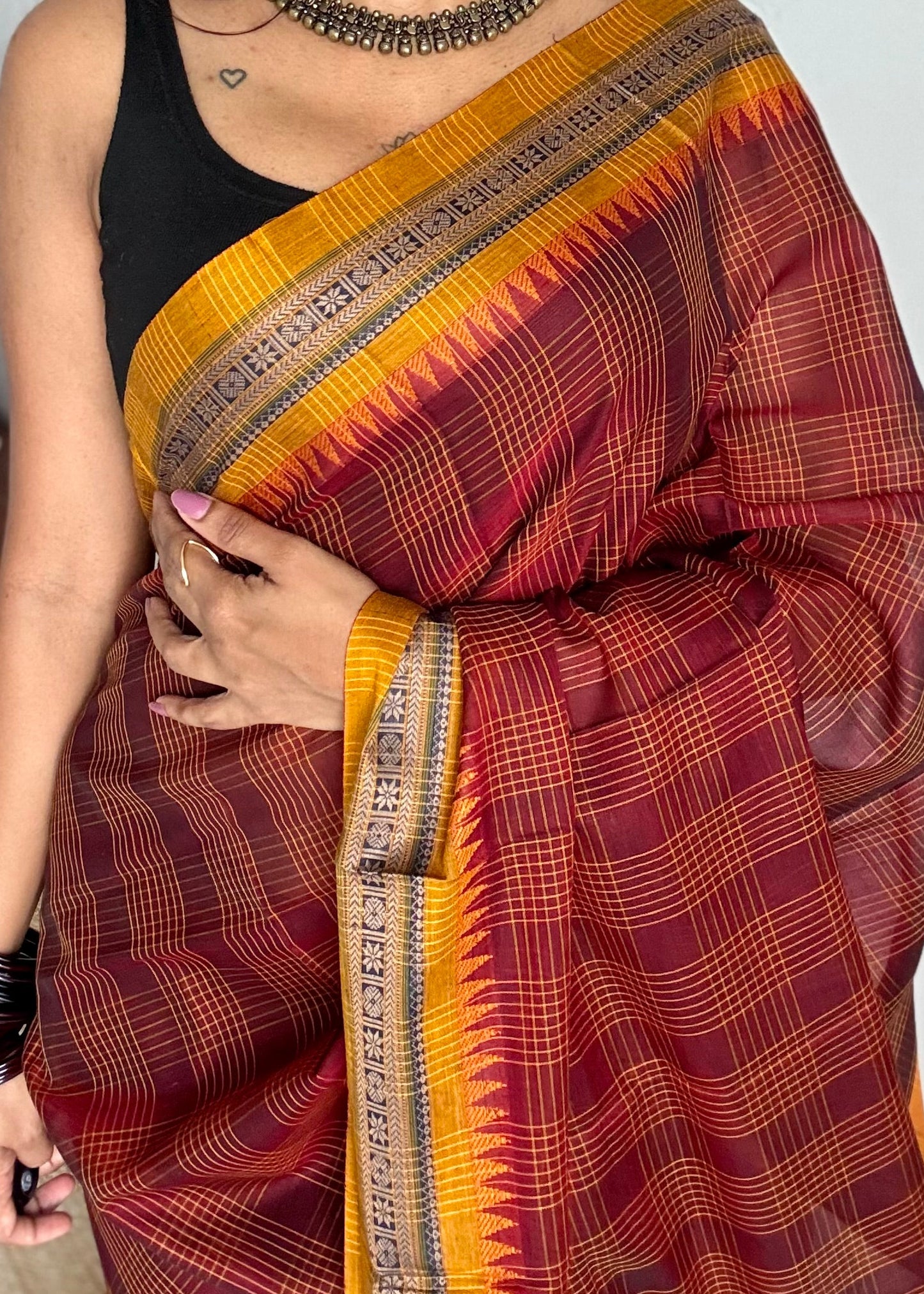 Maroon checks with yellow border, handloom, soft cotton - YCLOKC217