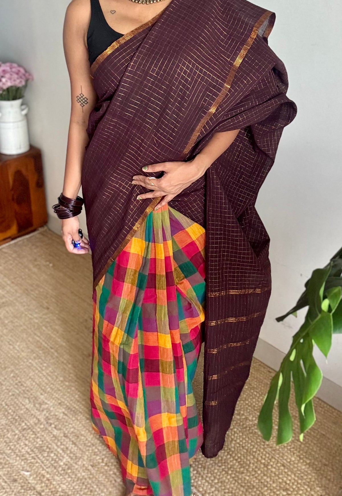 Dark brown mini checks with multicoloured madras checks, cotton half and half saree - YCCOTNIDOC165