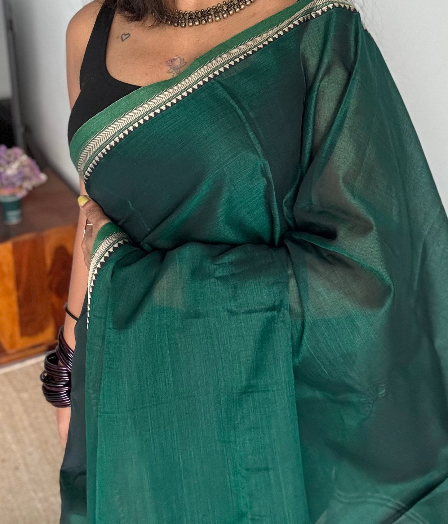 Dark green with light green border narayanpet saree, soft cotton - YCWOTDNPFE37