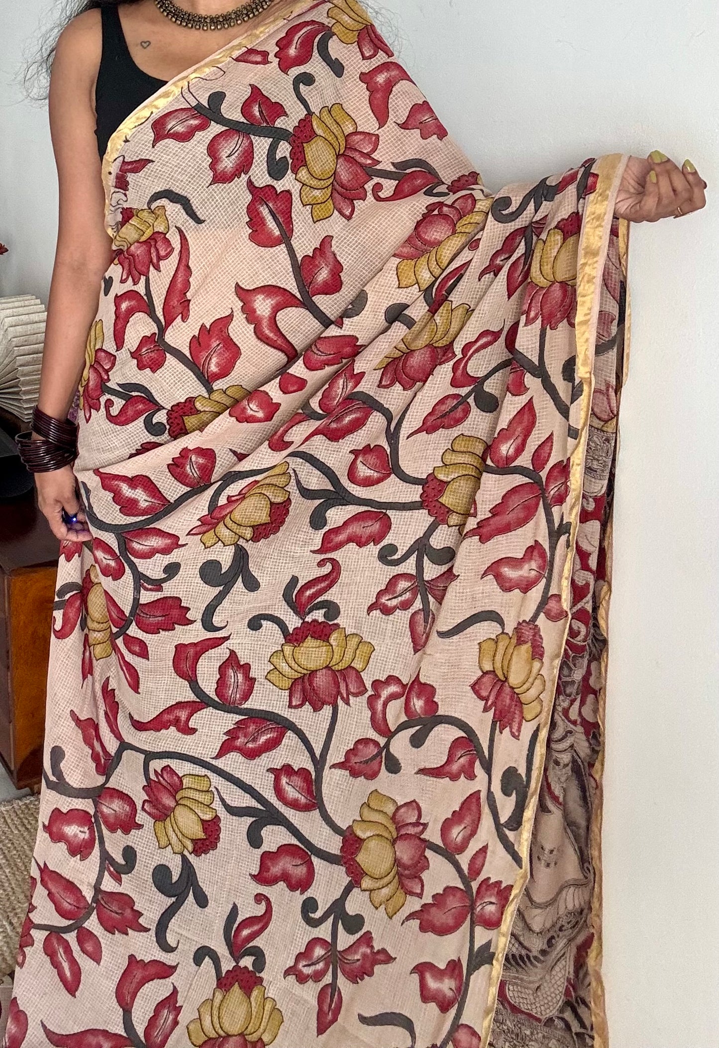 Cream multicoloured floral kalamkari saree in kota - YCWOTDMA357
