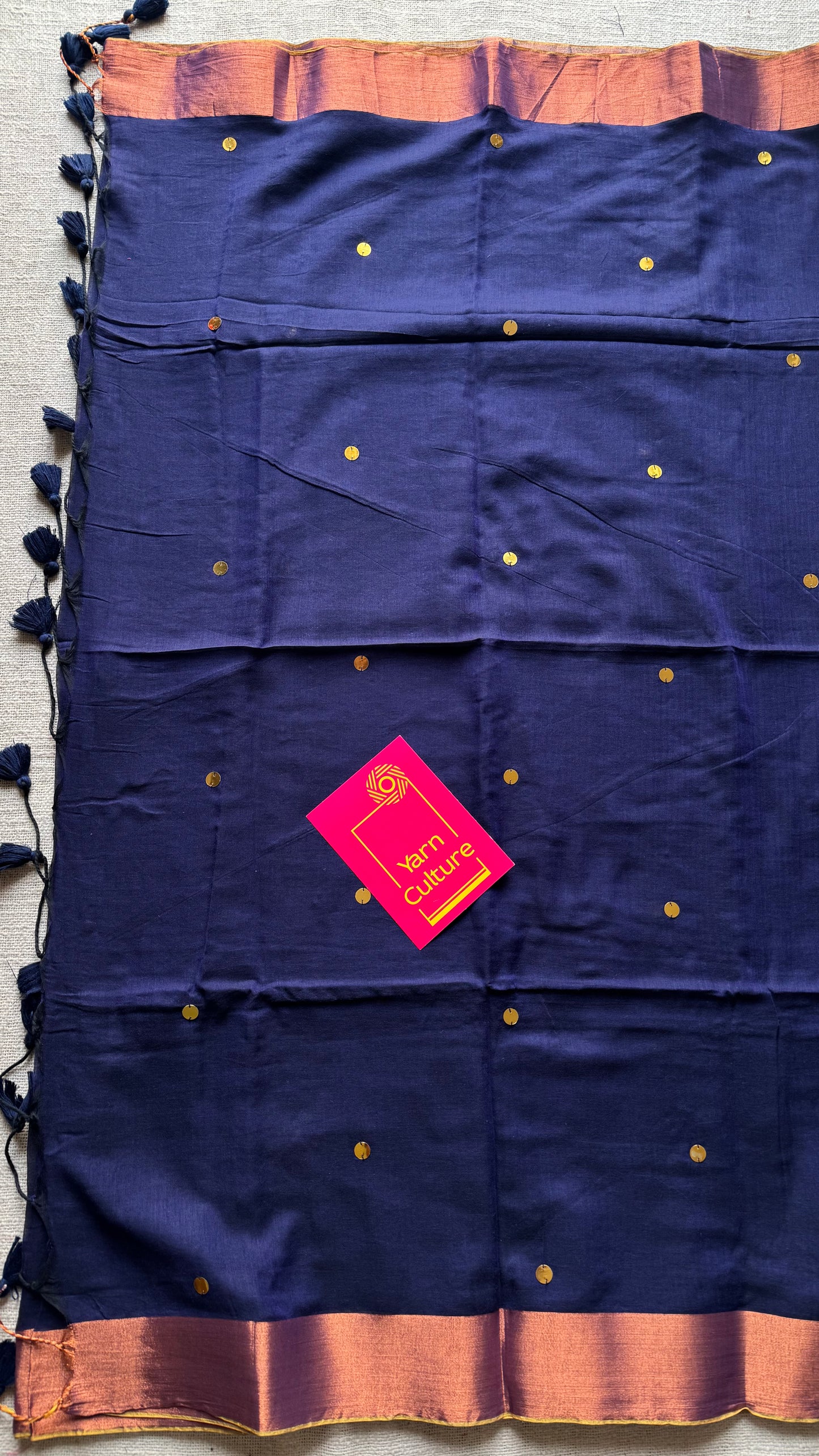 Dark blue mul with gini sequins and copper zari border - YCBCMCNO59