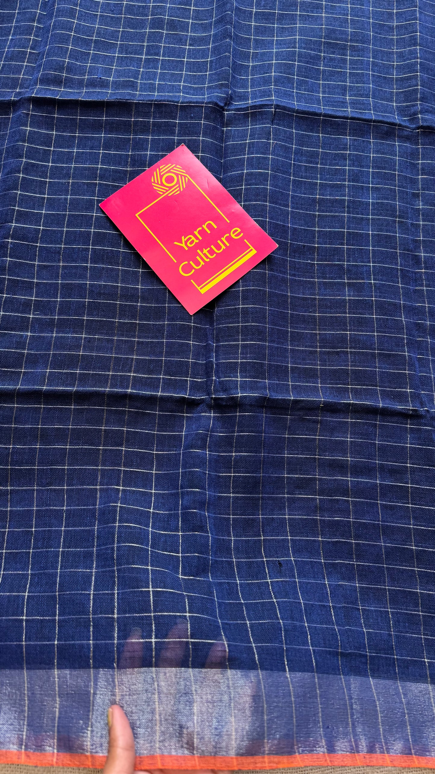 Navy blue linen by cotton saree, silver checks & zari pallu - YCBCLCFE392