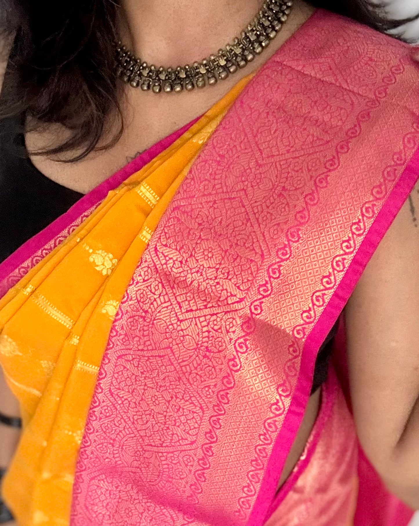 Suhani - yellow with hot pink, handloom korvai semi silk - YCCOTNFEJUKS03