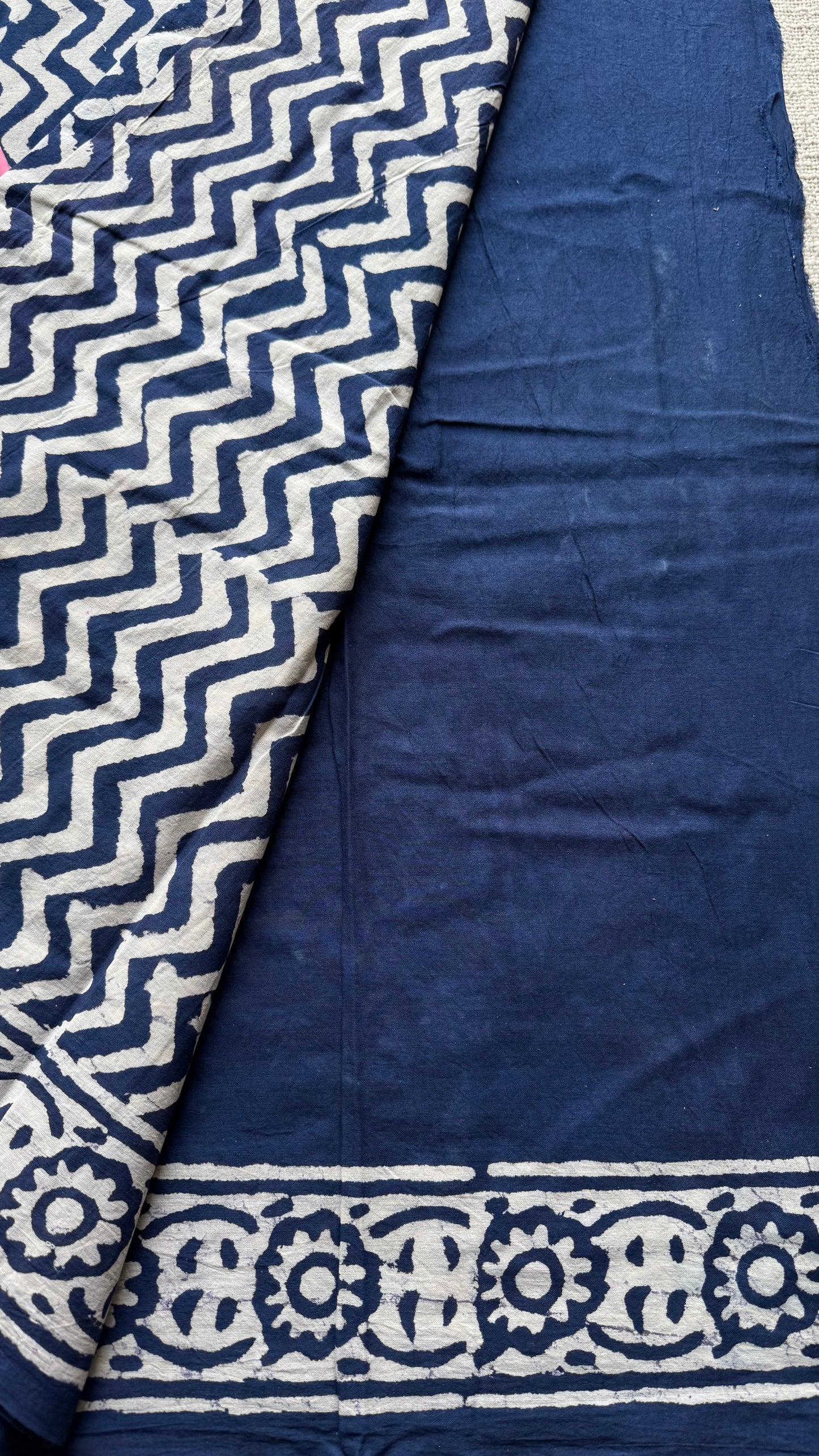 Beige with indigo zig zag motifs, block printed soft cotton saree - YCTORCMA22