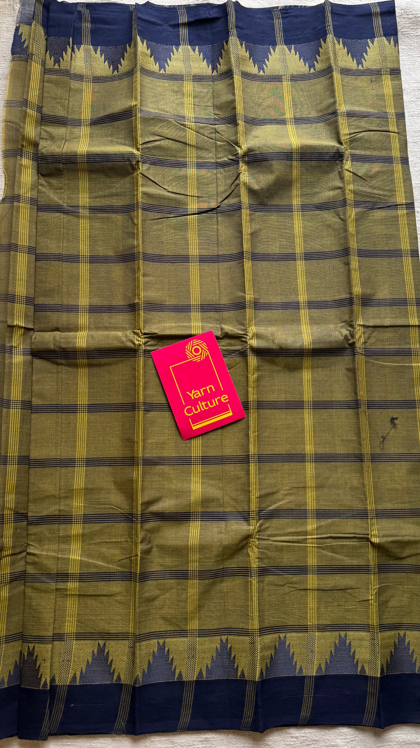 Chettinad cotton saree with olive green and navy checks, temple motif border - YCCOTNAP67