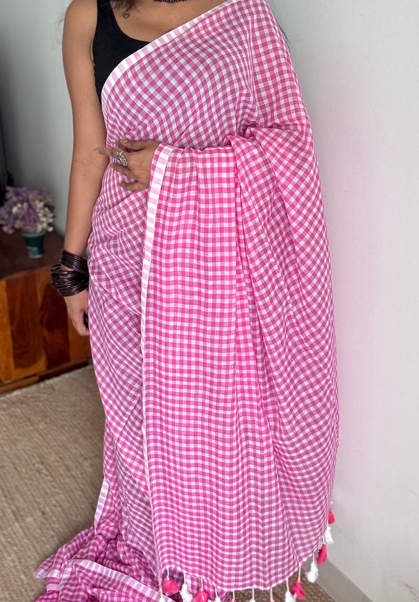Hot pink and white checkered mul cotton saree  - YCBCMCCMA25