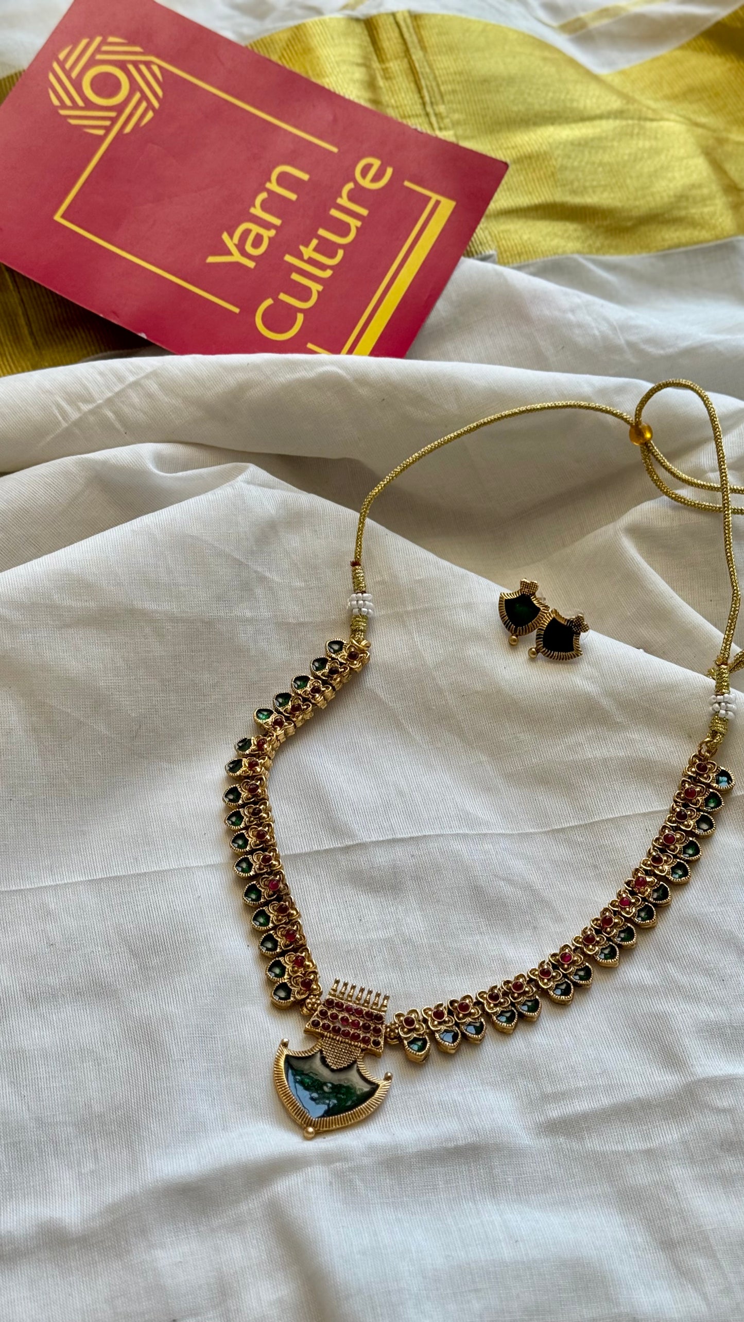 Green palakka pendant neckpiece with earrings - YCGPNP634a