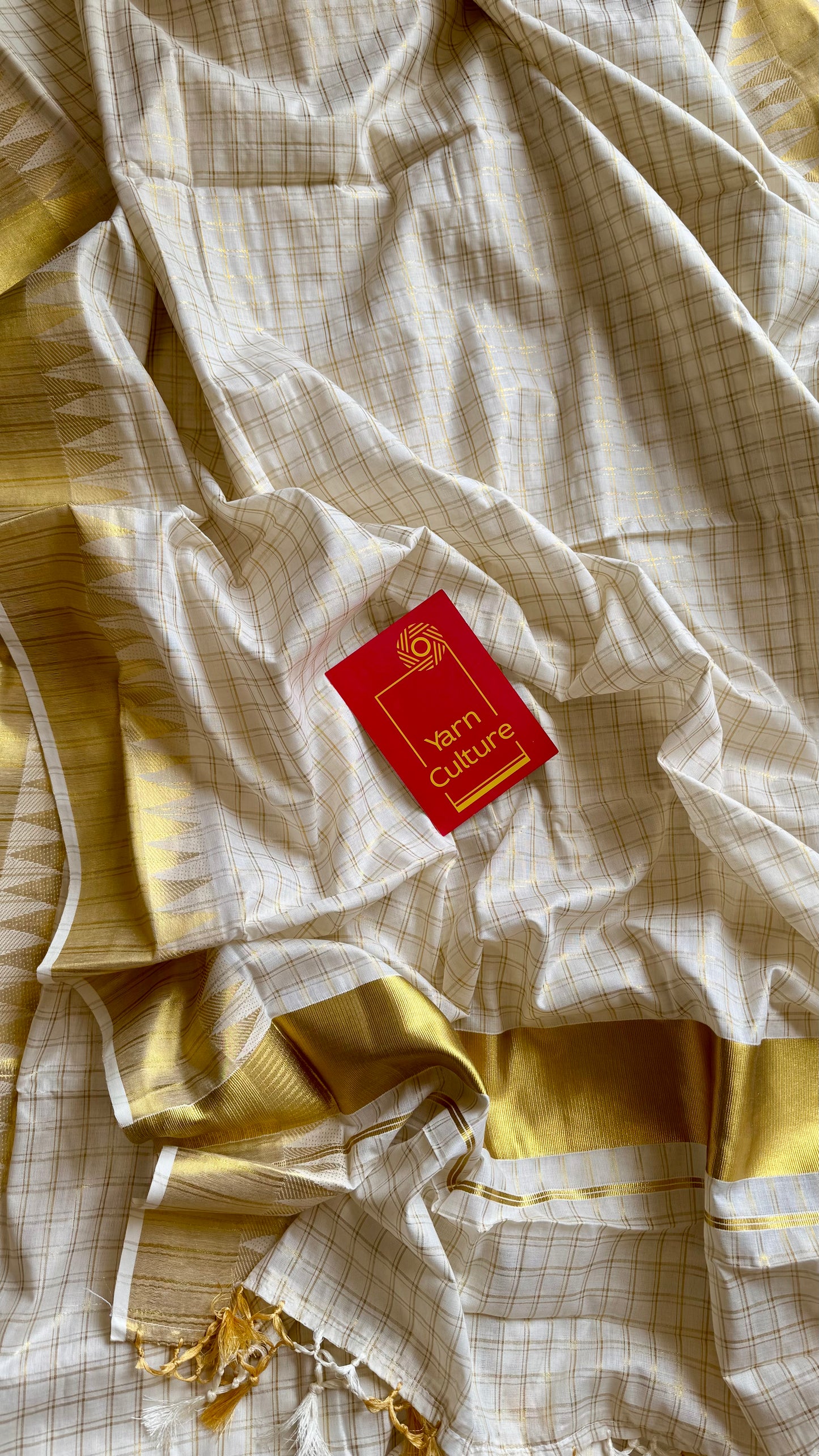 Ivory and gold kerala kasavu saree, checkered, temple border - YCIEON46