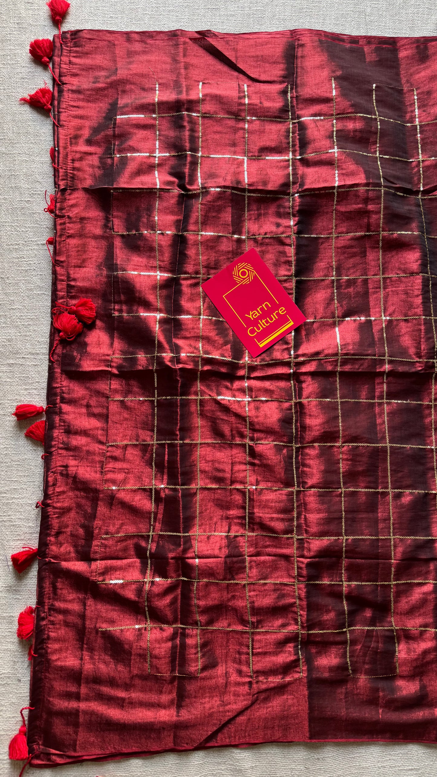 Maroon, checkered sequins work, mul tissue - YCBCMCJA10