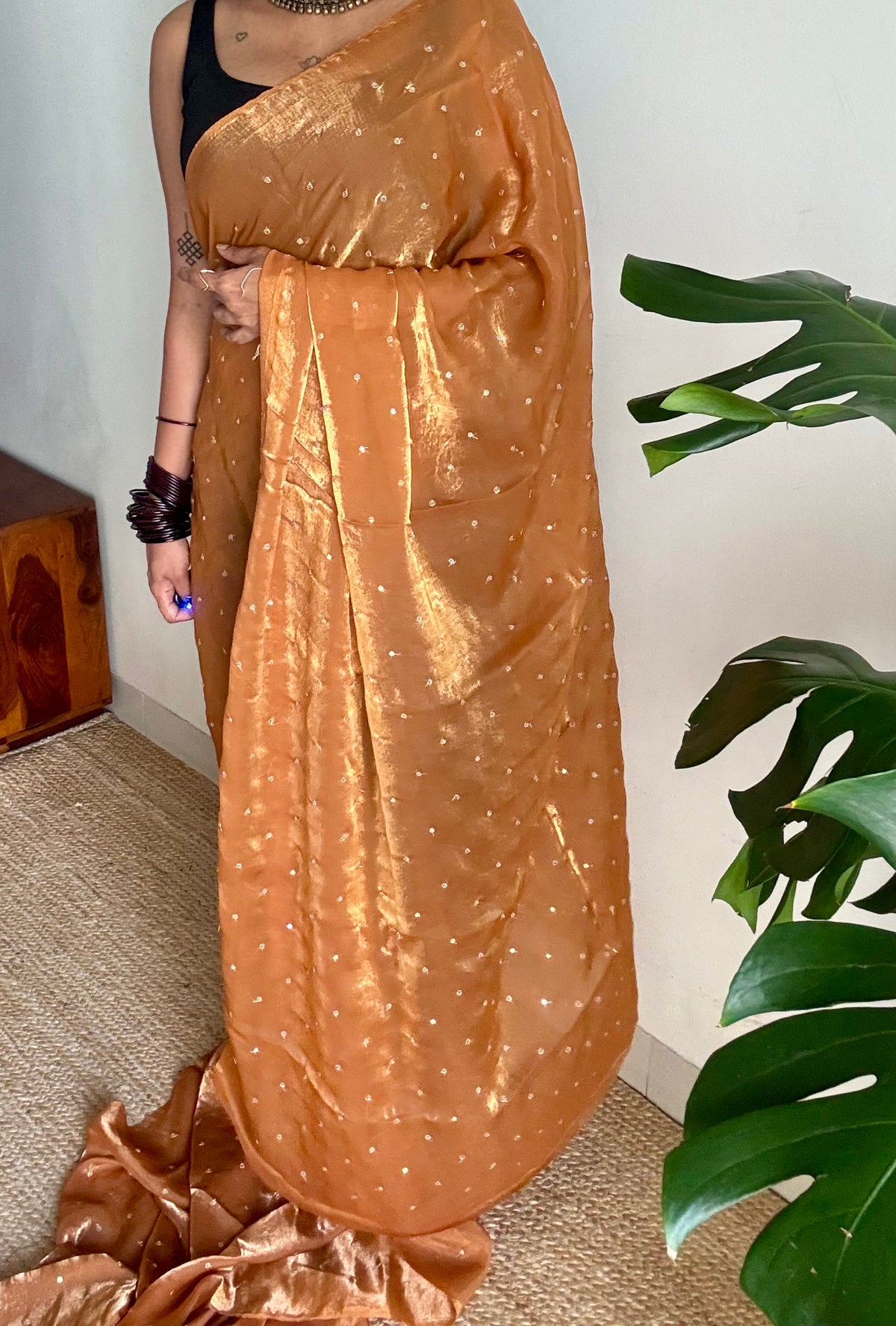 Metallic dual tone space silk saree, sandal gold with sequins - YCDOSOC47