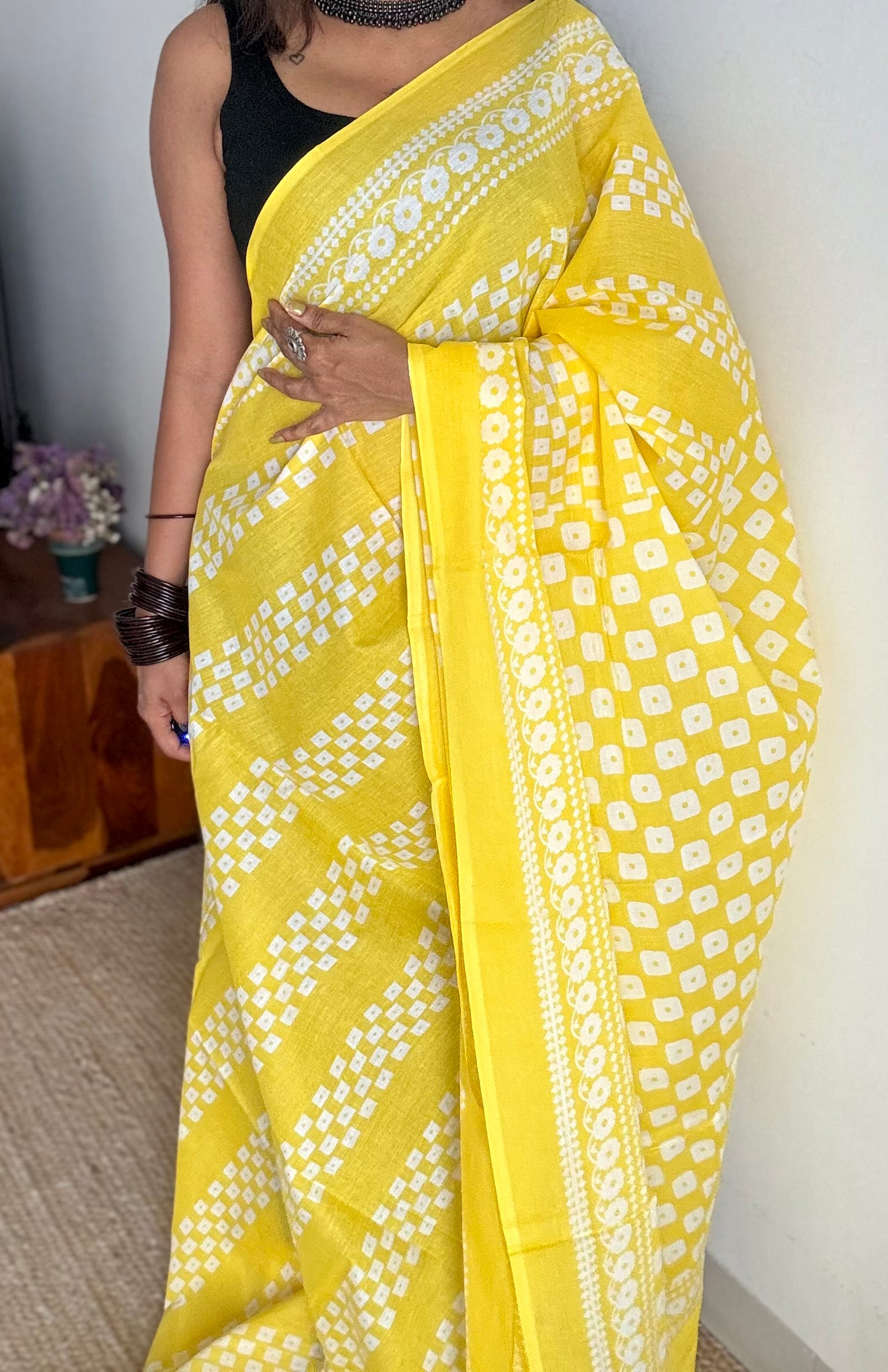Yellow with white prints, soft cotton saree - YCTORCMA03