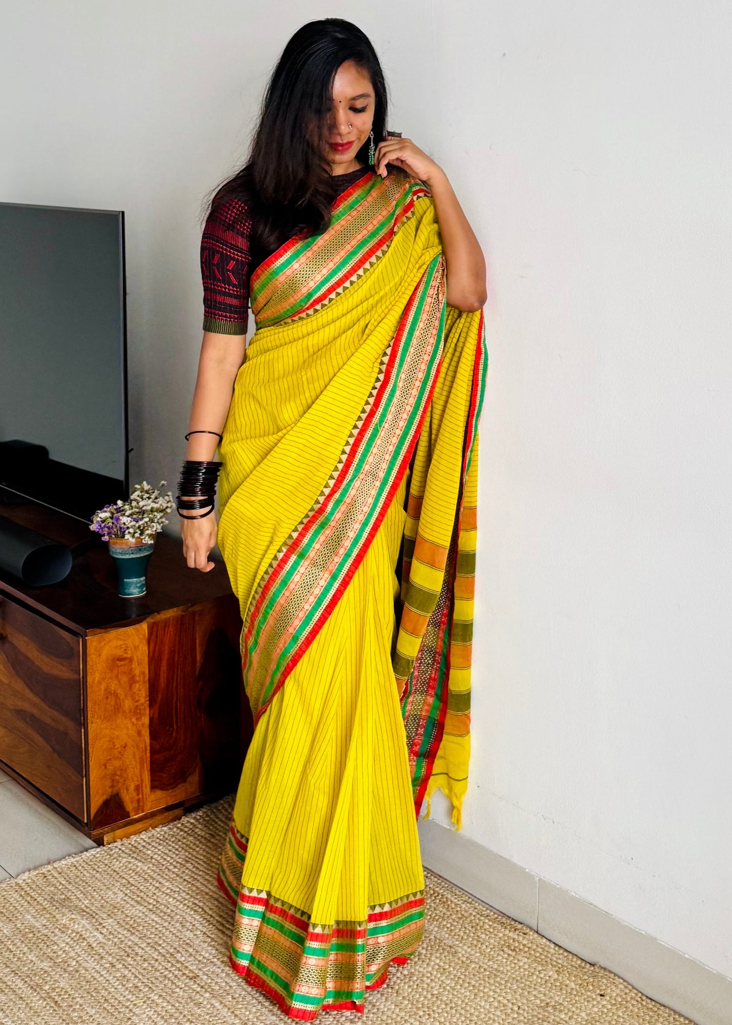 Ginger yellow premium narayanpet cotton with coloured motif border - YCWOTDNPNO85