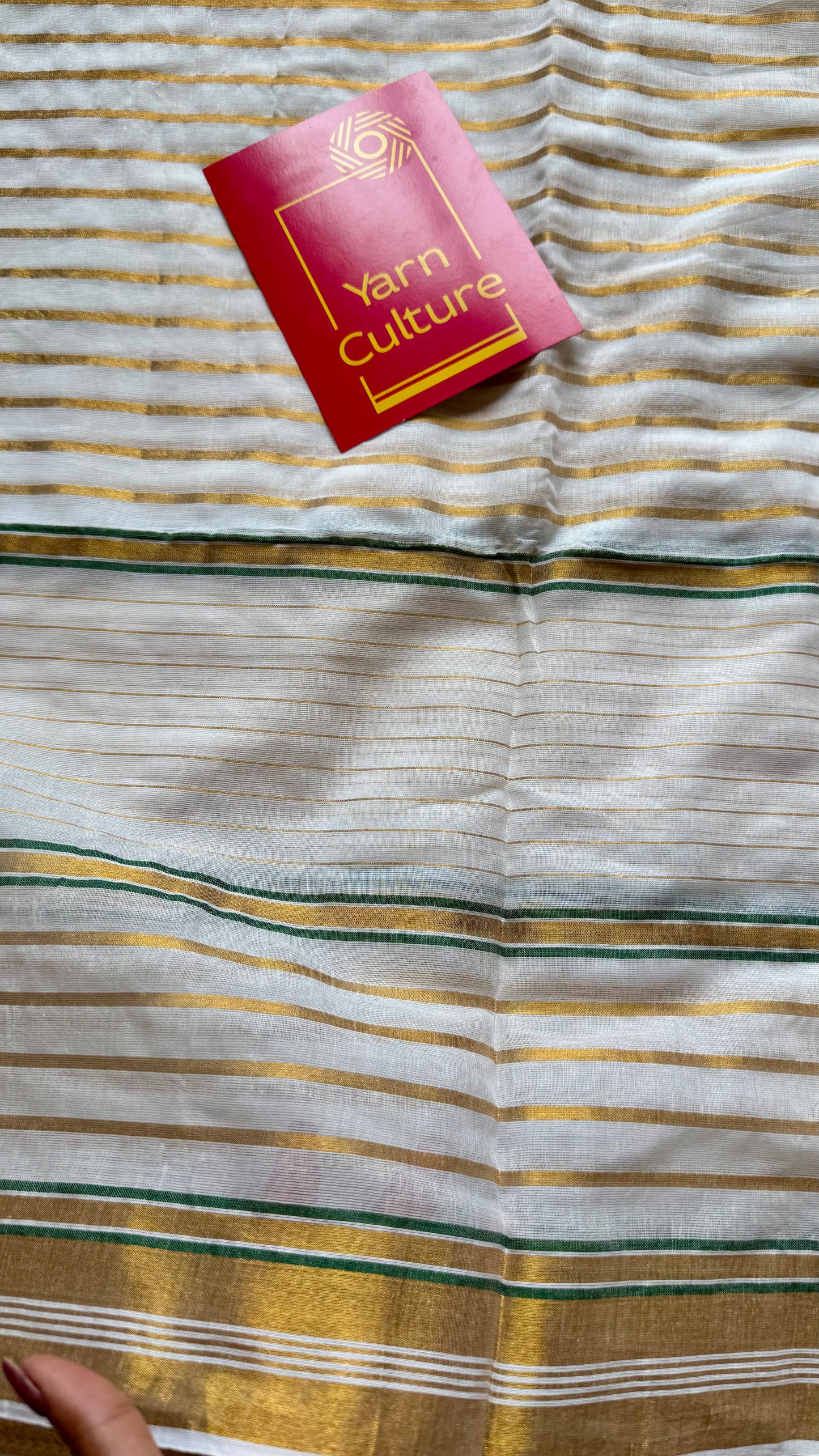 Ivory mul saree, green and gold stripes - YCIEON05