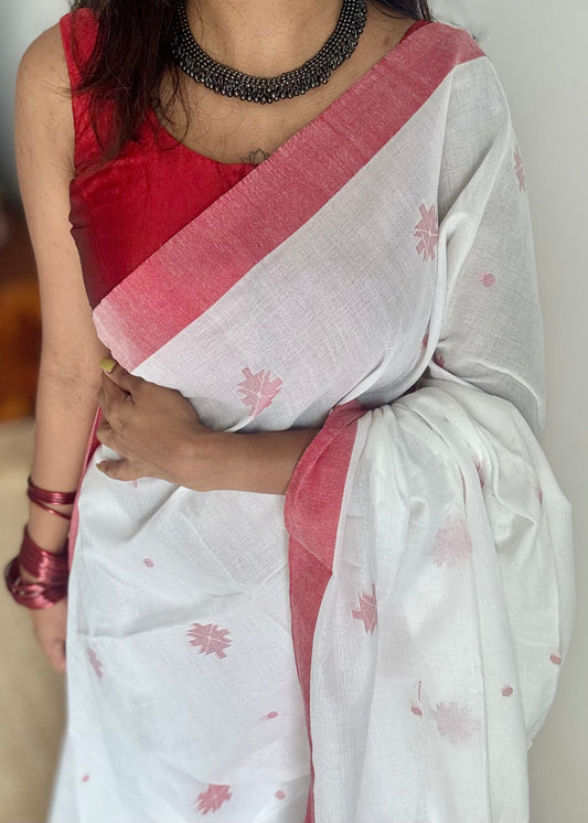 White with red border, jamdani motifs, soft cotton - YCBCDP08