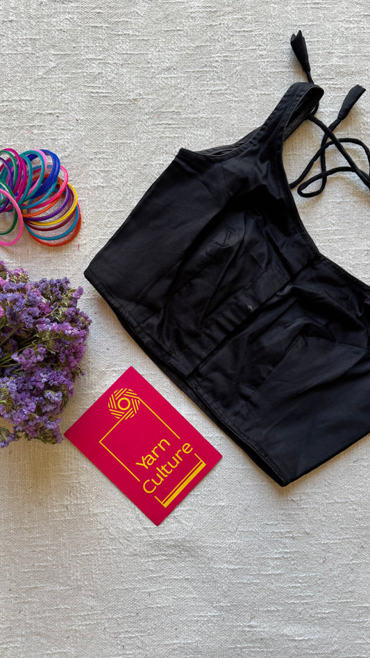 Black sleeveless cotton silk stitched blouse, front open, non-padded - YCSESB60