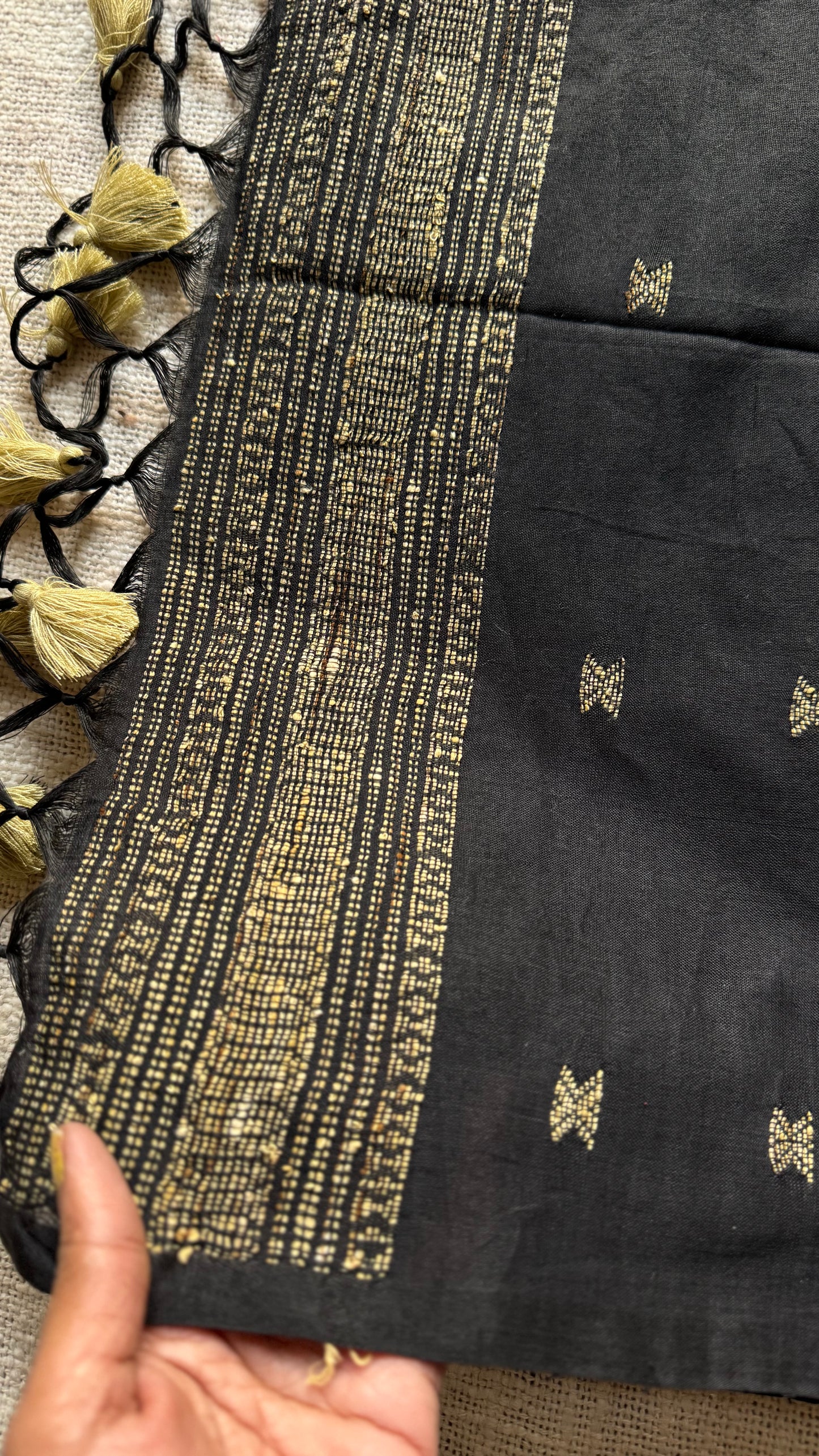 Black, bhujodi patterned soft khadi cotton saree - YCBCKCDE22