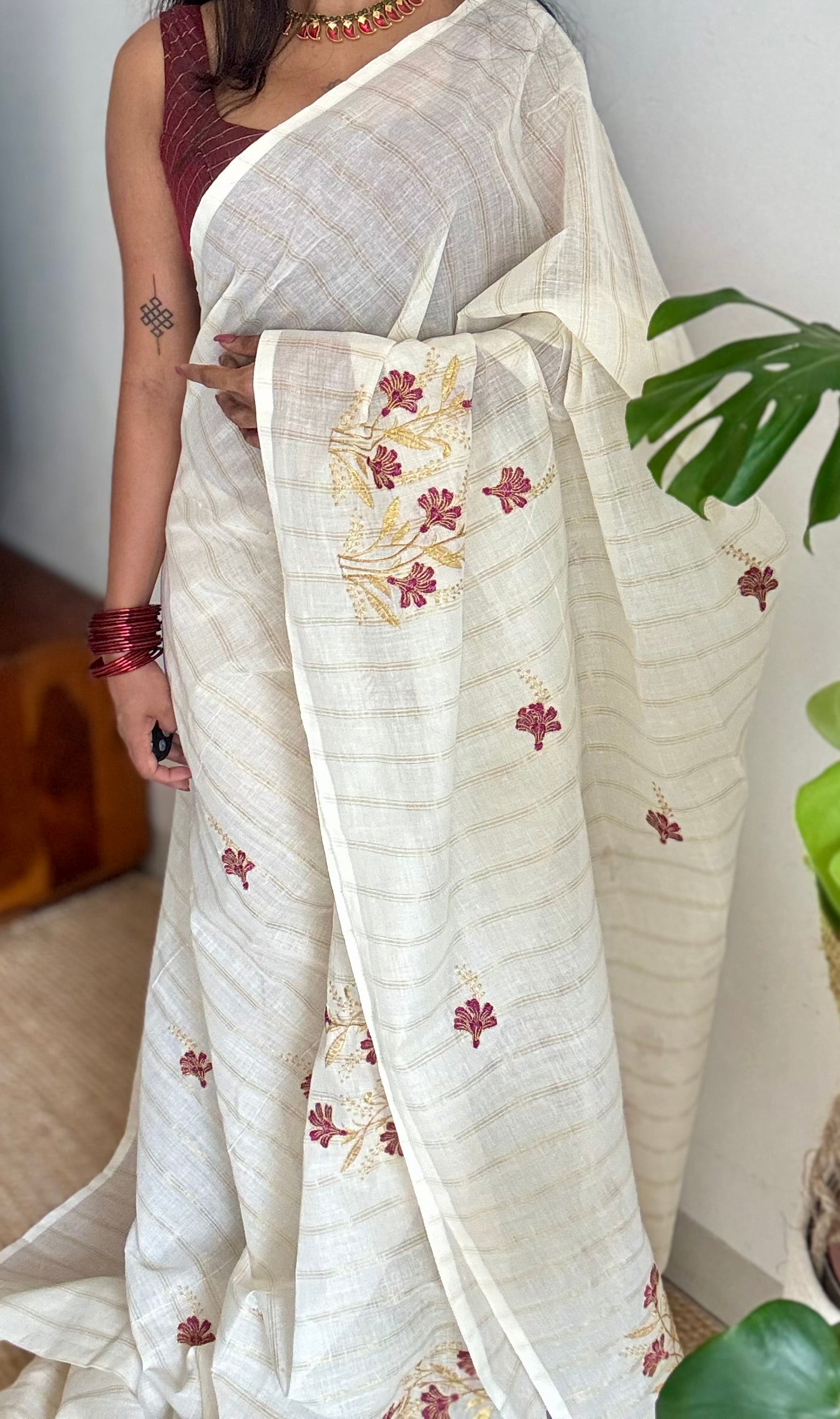 Ivory and gold soft cotton saree, maroon floral embroidery  - YCIEON50
