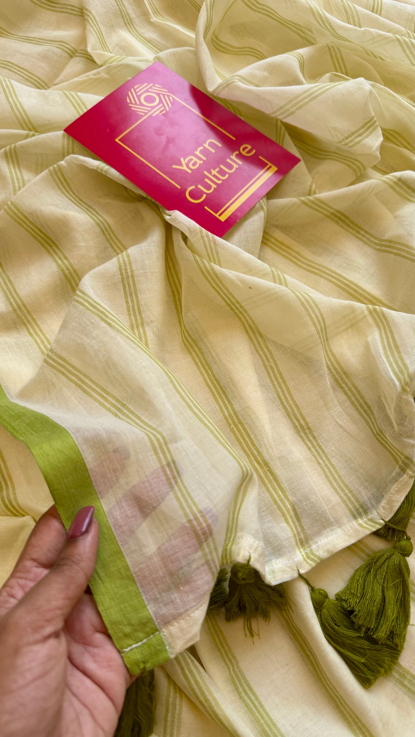 Ivory mul saree, green stripes - YCIEON23