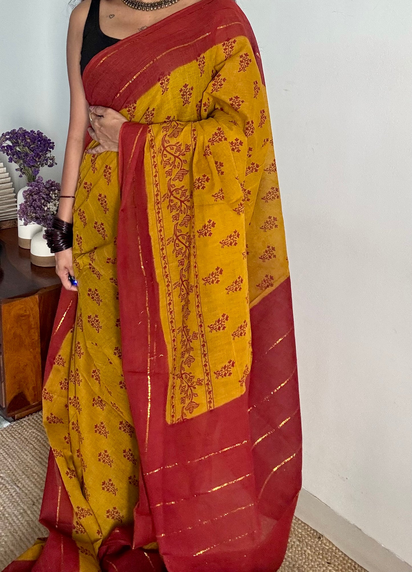 Mustard yellow with burnt red contrast, kattuchayam dyed madurai cotton saree - YCCOTNMA247