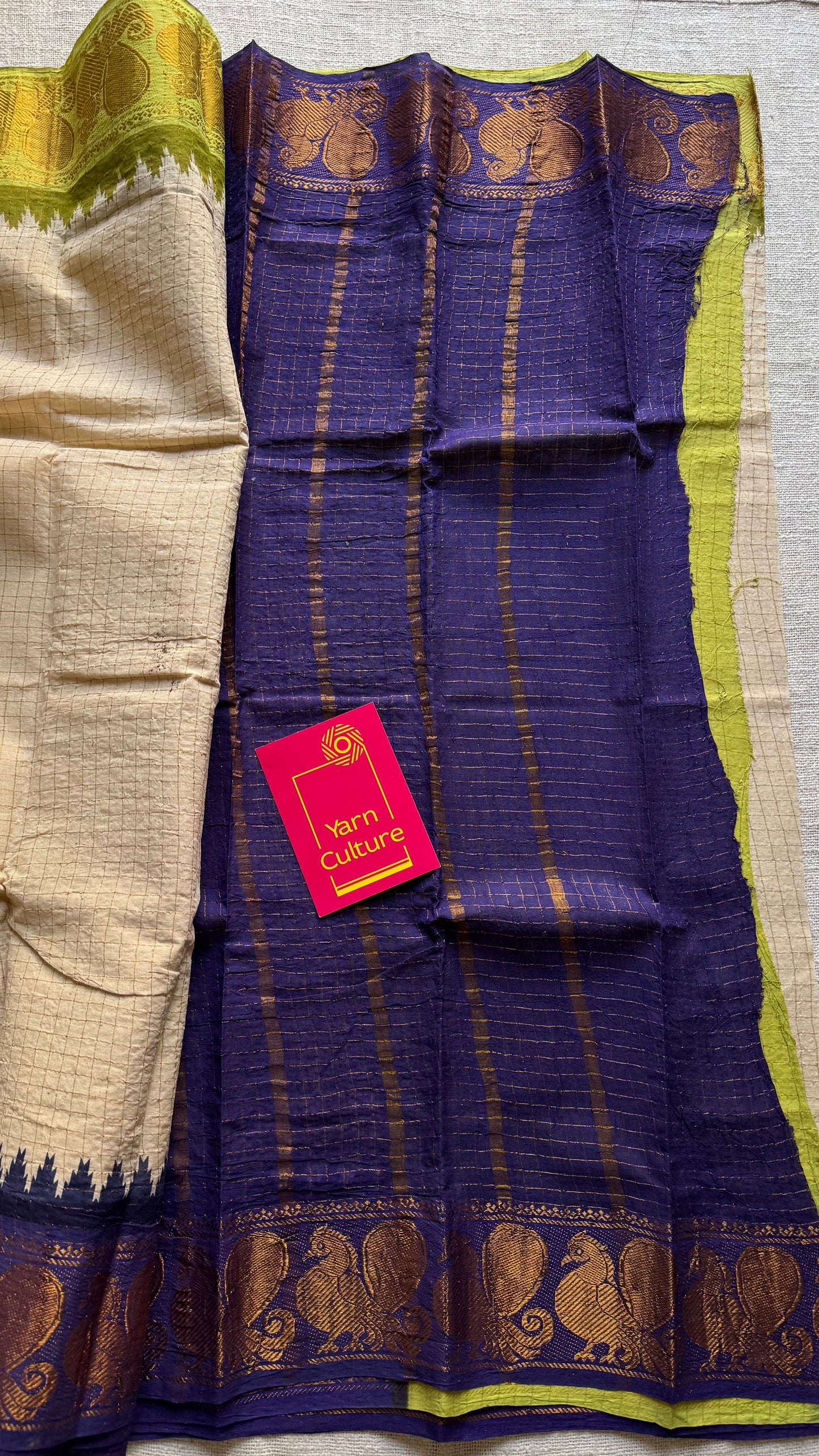 Sungudi cotton checks, ivory gold base, purple and neon green dual tone border, soft cotton - YCCOTNGJJA178