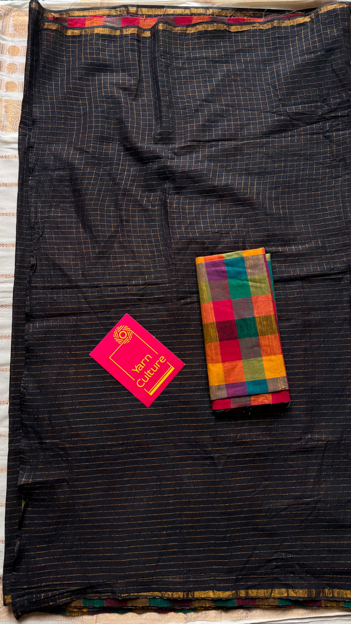 Black with multicoloured checks, cotton half-half saree - YCCOTNIDOC42
