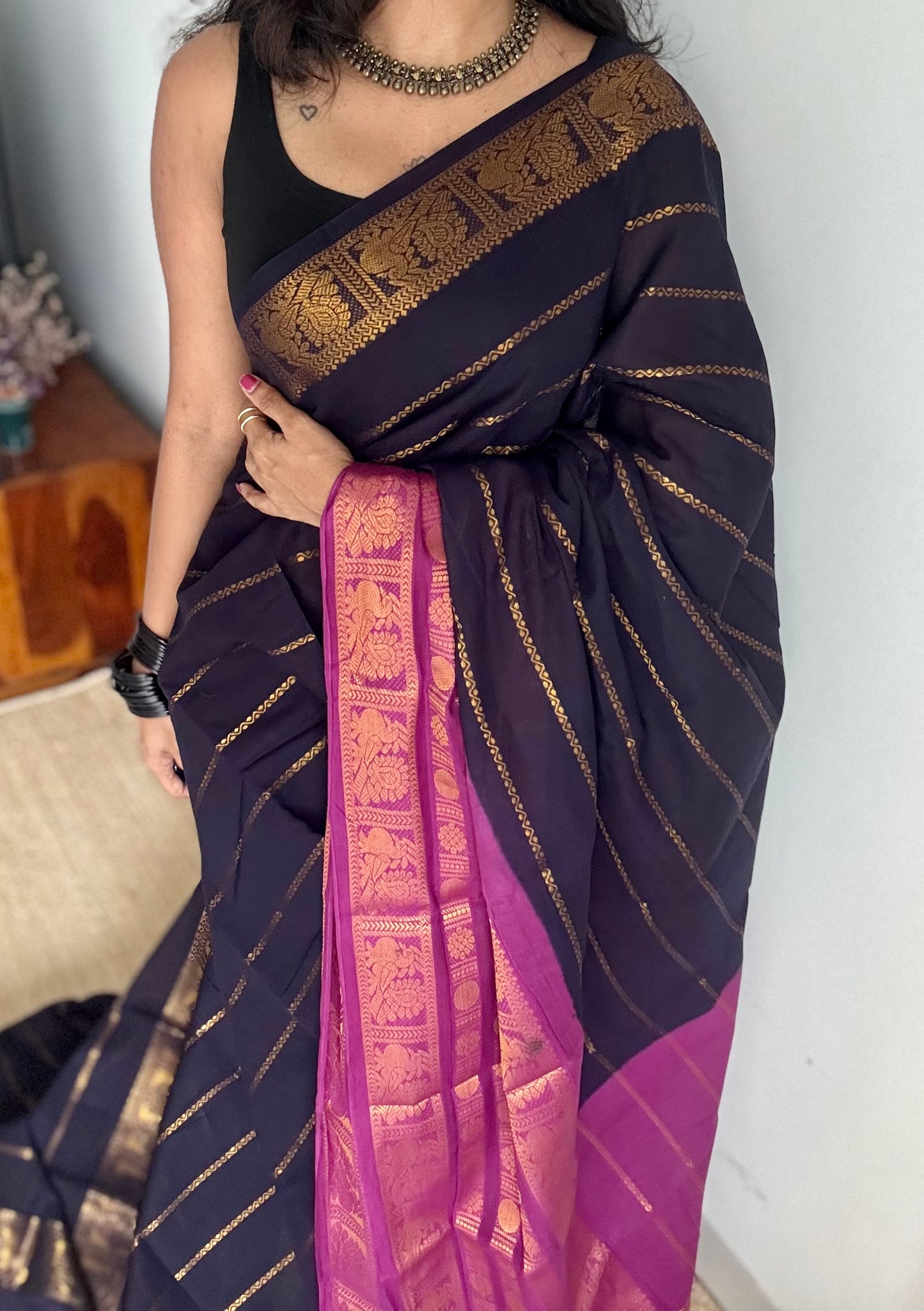 Dark blue with purple pink (vadamalli), peacock rudraksham motif, single side broad zari - madurai kattuchayam dyed - YCCOTNAURS18