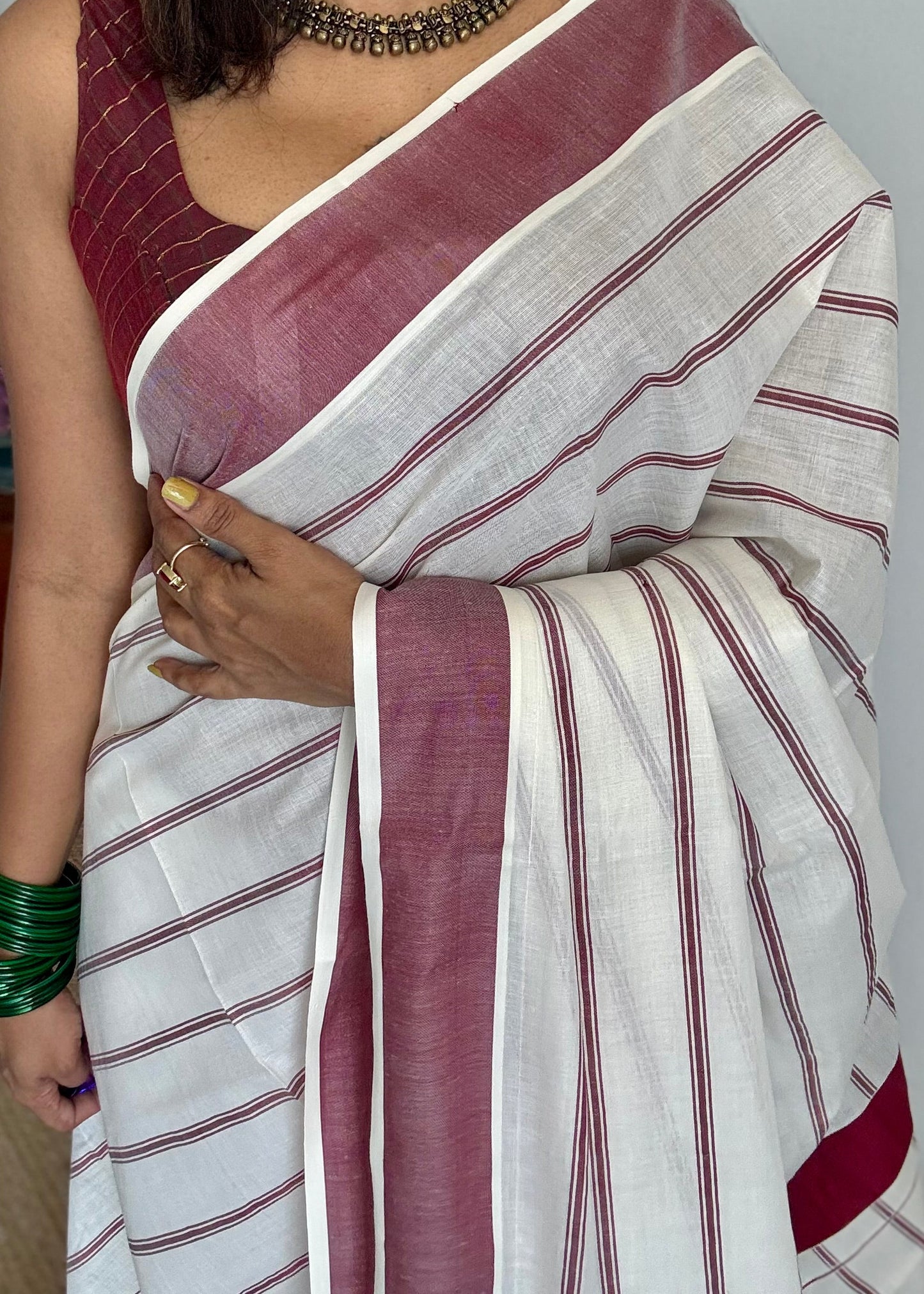 Ivory Kerala cotton saree with maroon stripes and border - YCIEKCFE324
