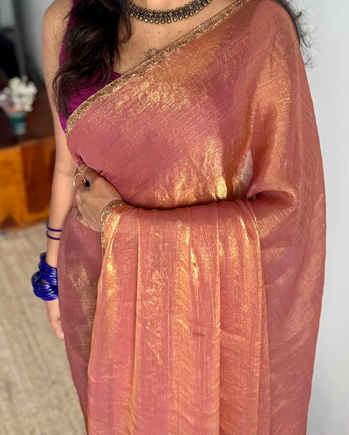 Sunset Burst - pink orange hues, metallic dual tone space silk, embellished border - YCDOSDE58