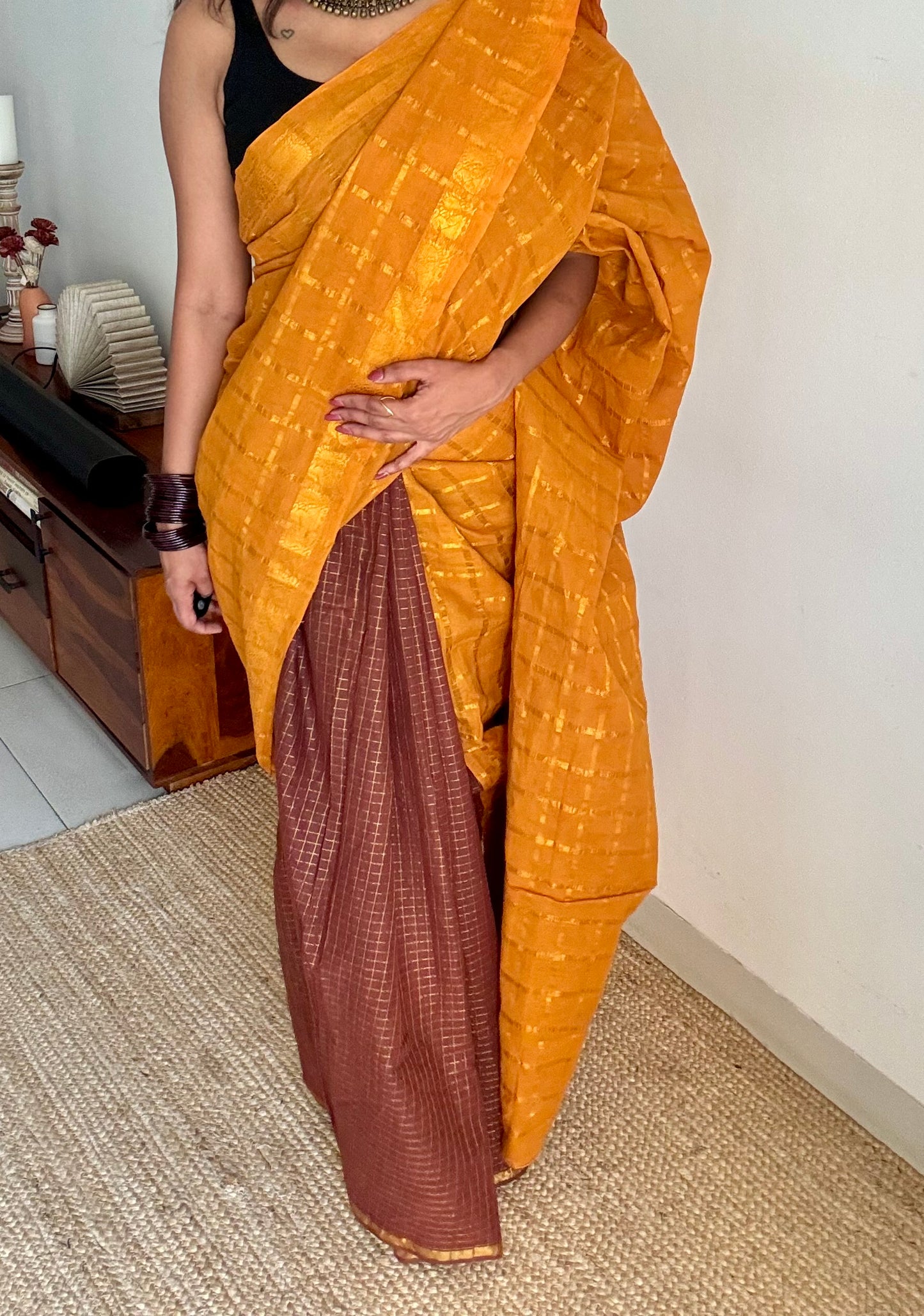 Turmeric yellow with brown, sungudi cotton half-half saree - YCCOTNIDMA314