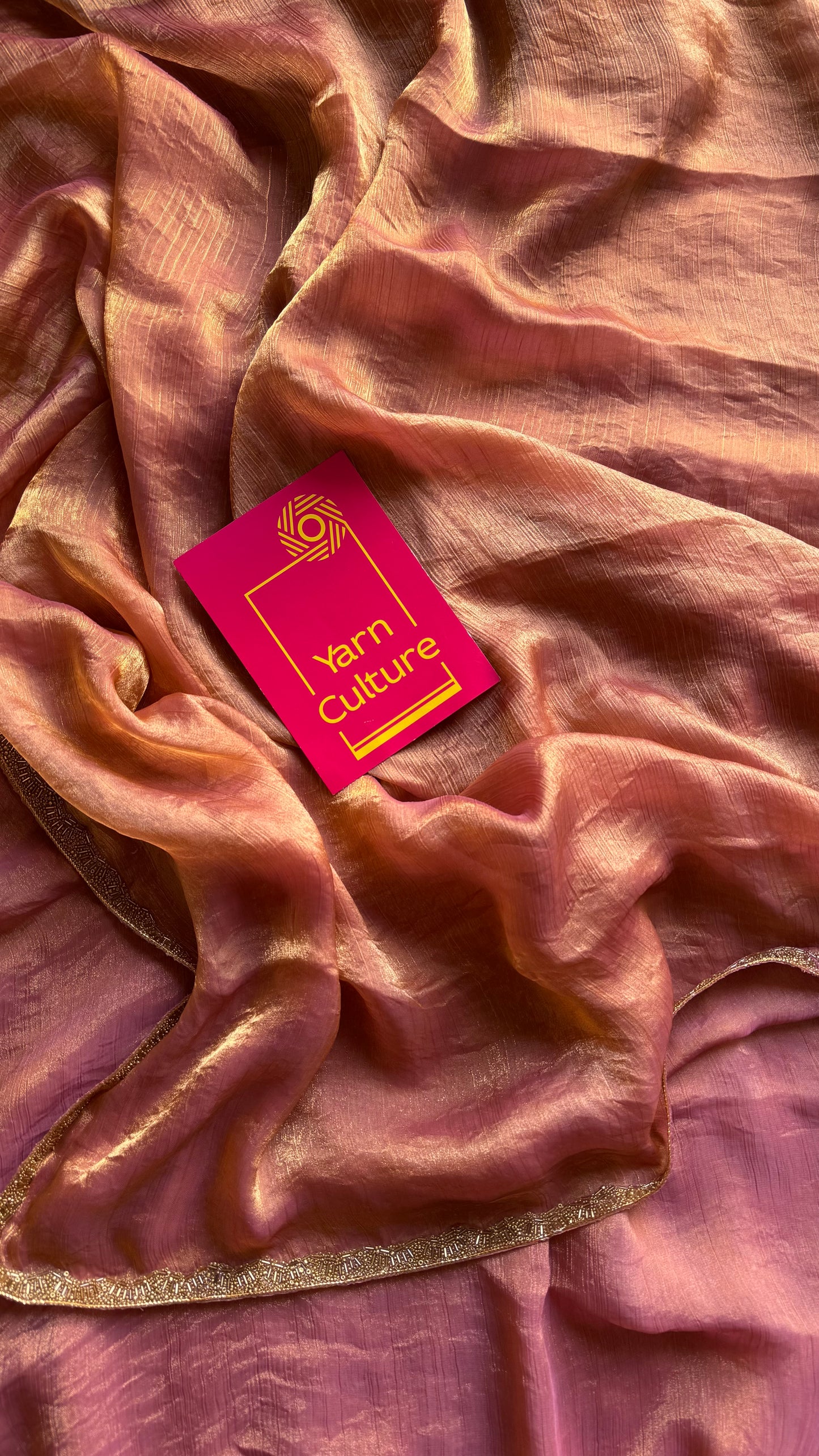 Sunset Burst - pink orange hues, metallic dual tone space silk, embellished border - YCDOSDE58