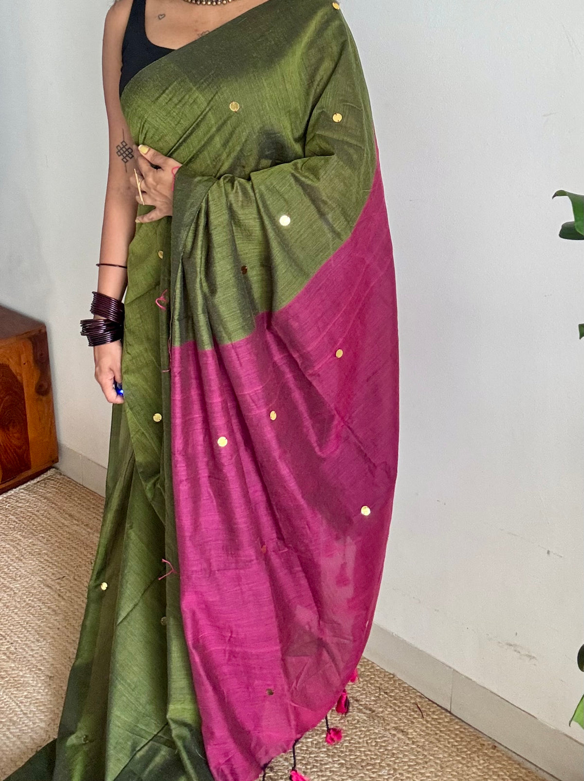 Olive green with ruby contrast pallu, gini sequins, soft cotton saree - YCBCSCOC07