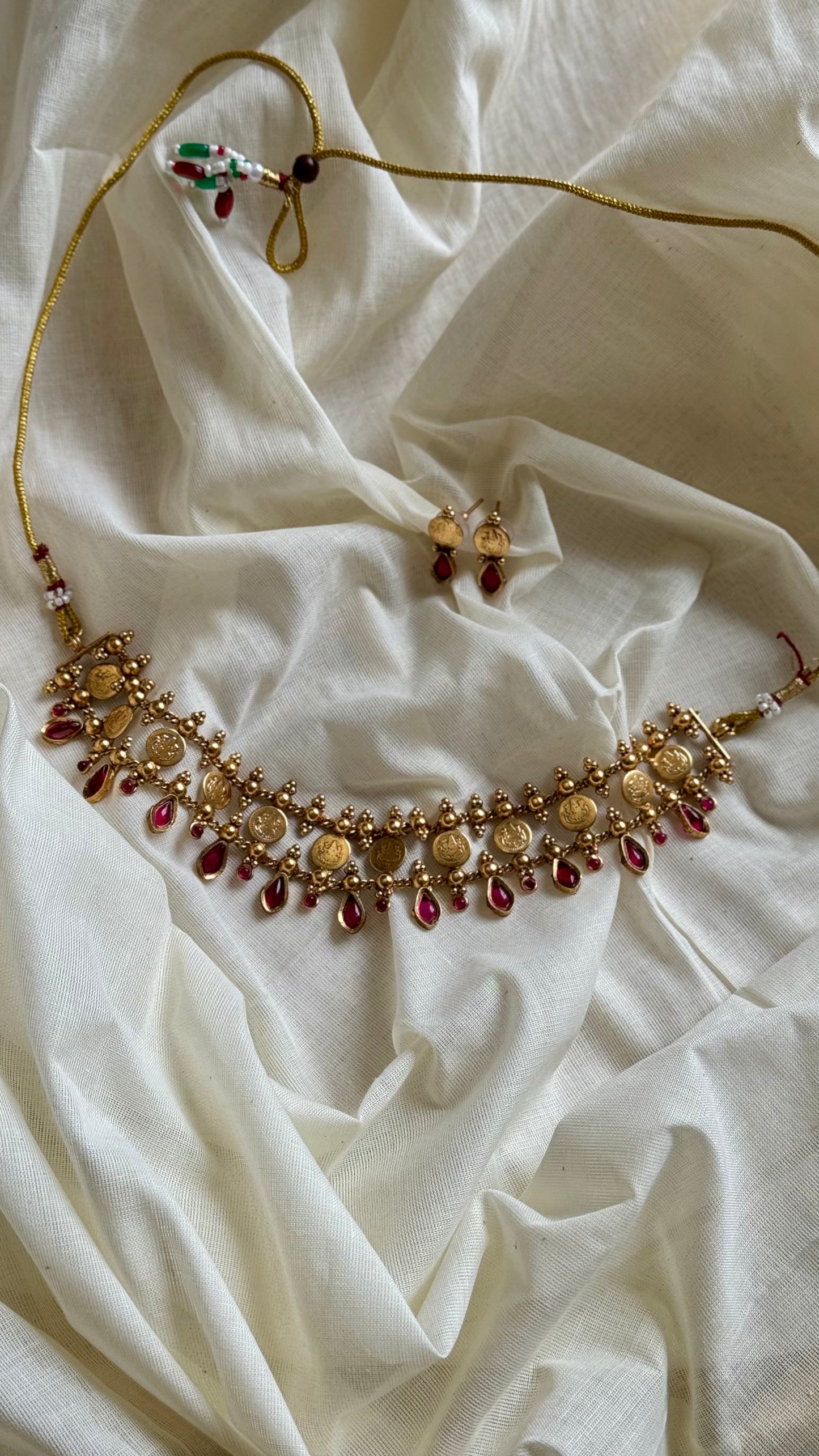 Double layer coin necklace with red stones - YCAGC78