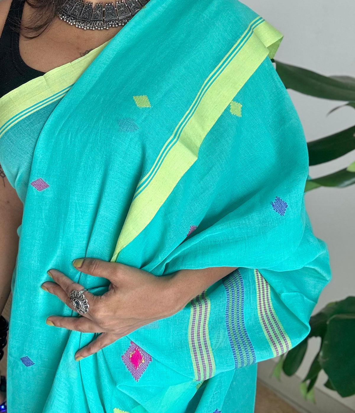 Handloom Bengal soft cotton saree, turquoise with woven buttas and lime green borders - YCBCMCSE38